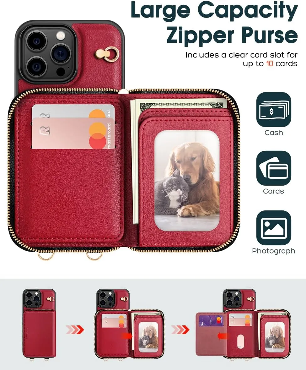 OCASE Compatible with iPhone 16 Pro Crossbody Wallet Case with Card Holder, PU Leather Zipper Handbag Phone Purse with RFID Blocking Kickstand Wrist Strap Lanyard 6.3 Inch, Dark Red