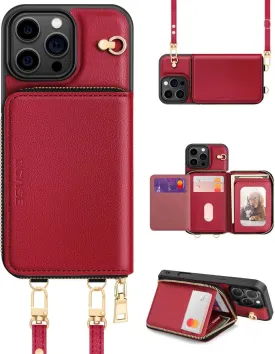 OCASE Compatible with iPhone 16 Pro Crossbody Wallet Case with Card Holder, PU Leather Zipper Handbag Phone Purse with RFID Blocking Kickstand Wrist Strap Lanyard 6.3 Inch, Dark Red
