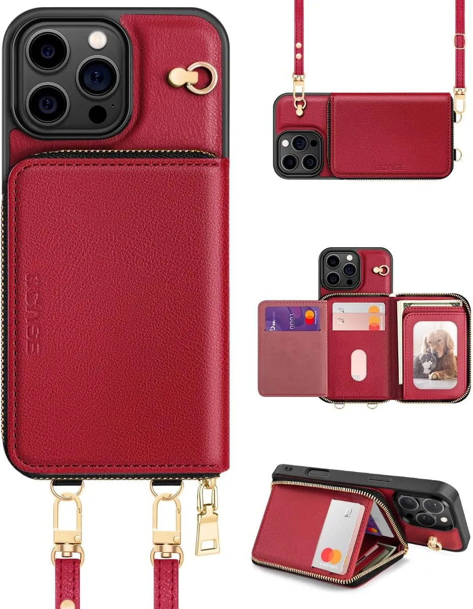 OCASE Compatible with iPhone 16 Pro Crossbody Wallet Case with Card Holder, PU Leather Zipper Handbag Phone Purse with RFID Blocking Kickstand Wrist Strap Lanyard 6.3 Inch, Dark Red