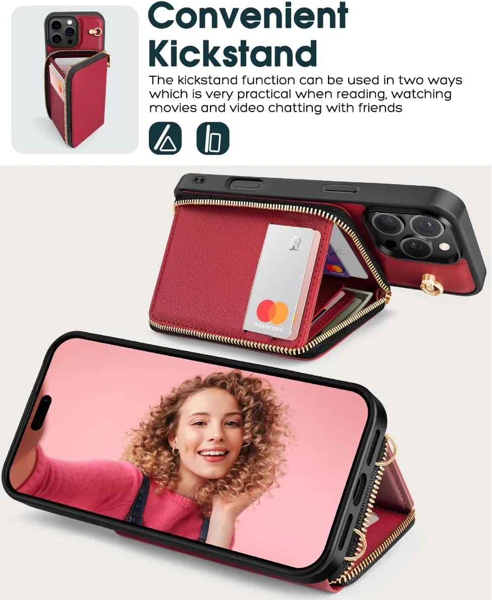 OCASE Compatible with iPhone 16 Pro Crossbody Wallet Case with Card Holder, PU Leather Zipper Handbag Phone Purse with RFID Blocking Kickstand Wrist Strap Lanyard 6.3 Inch, Dark Red