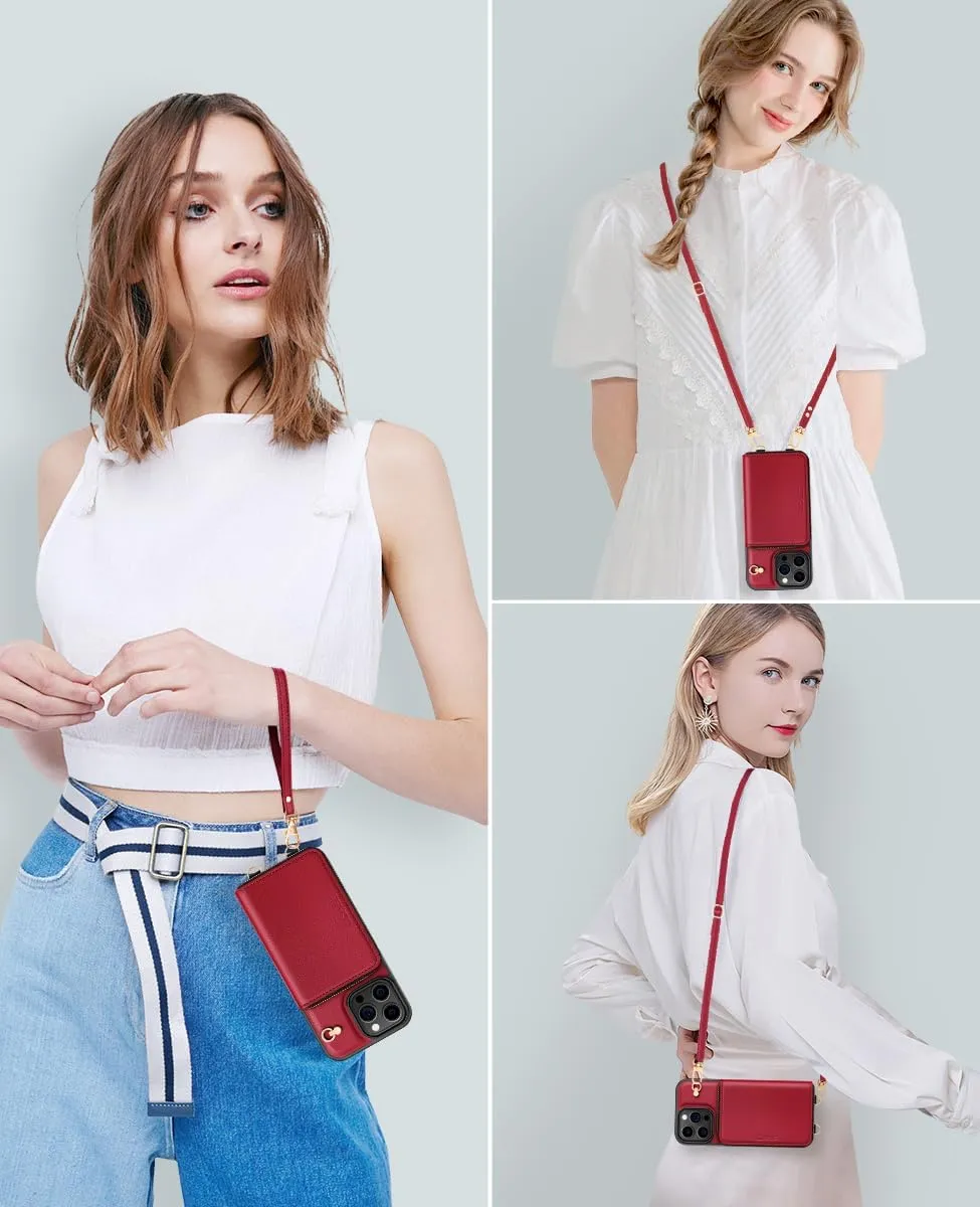 OCASE Compatible with iPhone 16 Pro Crossbody Wallet Case with Card Holder, PU Leather Zipper Handbag Phone Purse with RFID Blocking Kickstand Wrist Strap Lanyard 6.3 Inch, Dark Red