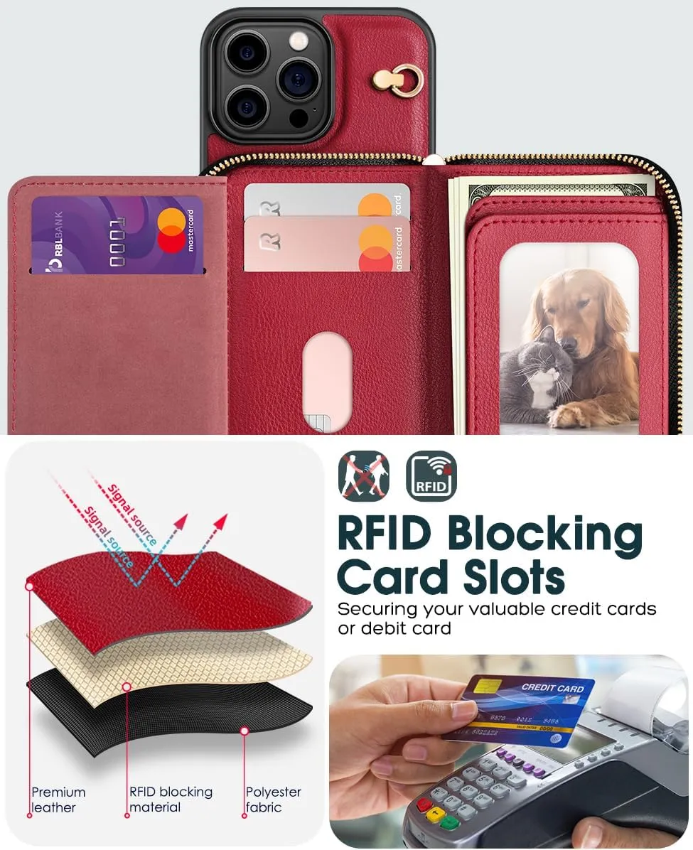 OCASE Compatible with iPhone 16 Pro Crossbody Wallet Case with Card Holder, PU Leather Zipper Handbag Phone Purse with RFID Blocking Kickstand Wrist Strap Lanyard 6.3 Inch, Dark Red