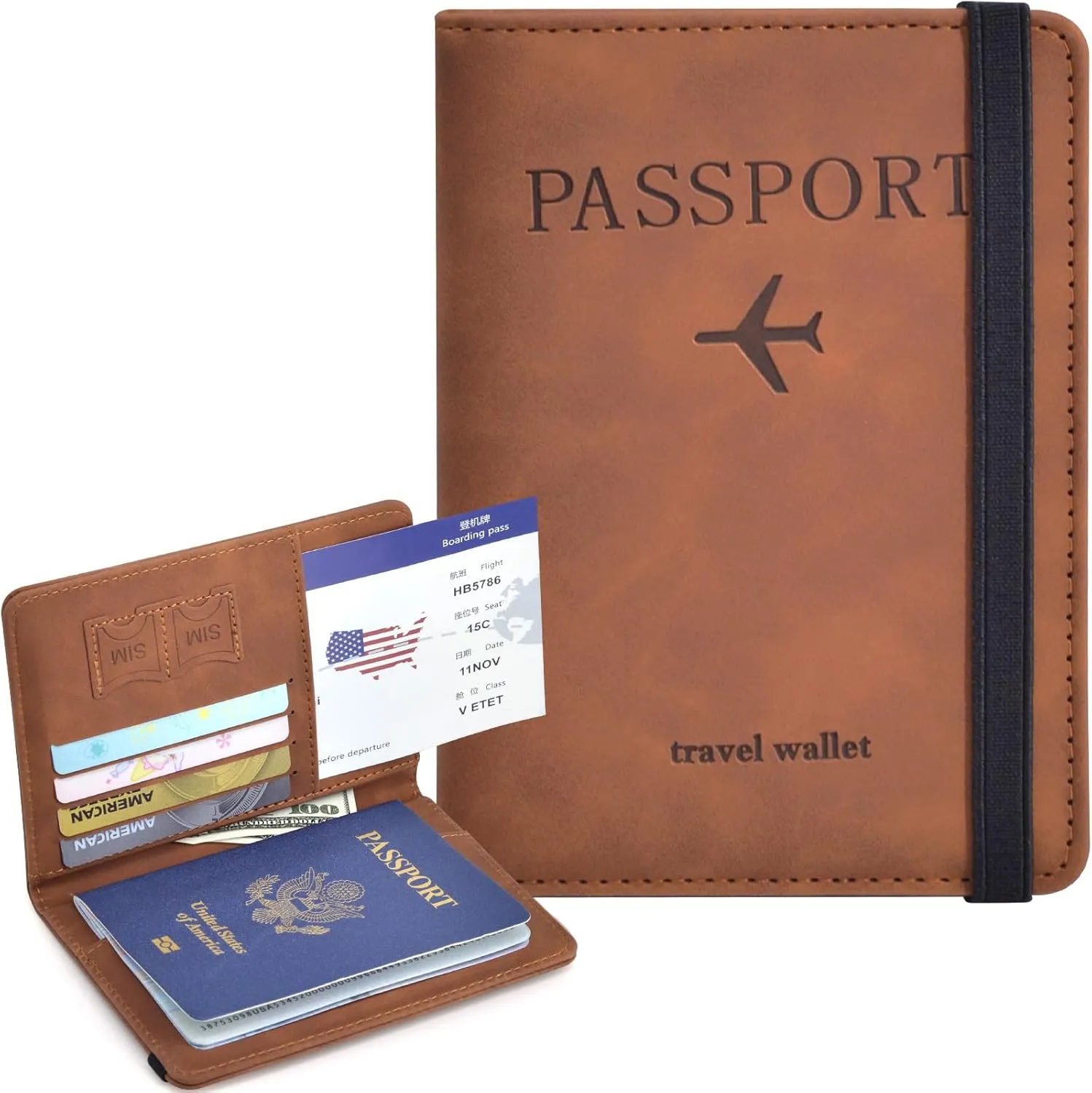 Passport Holder, Passport Cover with Credit Card Slot and Boarding Pass Slot Combo, Passport Wallet Case Book Travel Must Have, RFID Blocking Leather Travel Accessories, Brown