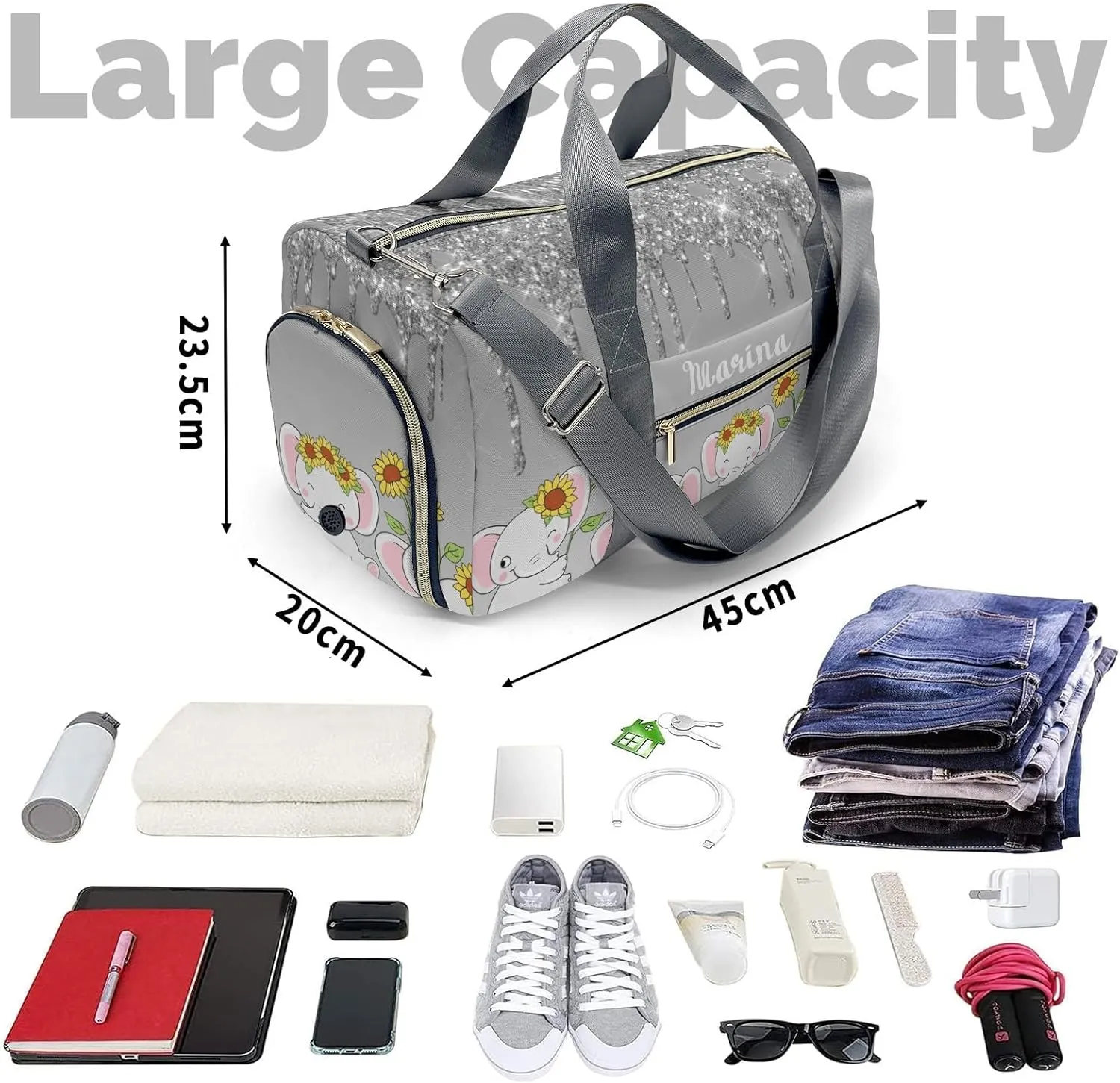 Personalized Gift Duffel Bag Dripping Grey Glitter Elephant Sunflower Travel in Style: Trendy Bags for Sport and Leisure