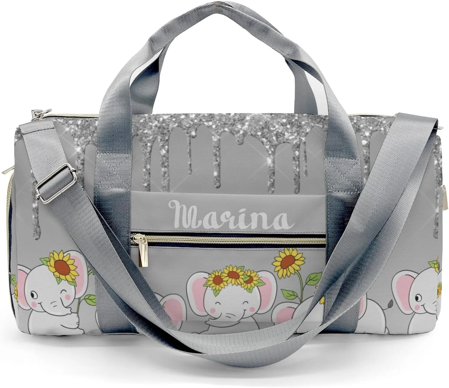 Personalized Gift Duffel Bag Dripping Grey Glitter Elephant Sunflower Travel in Style: Trendy Bags for Sport and Leisure