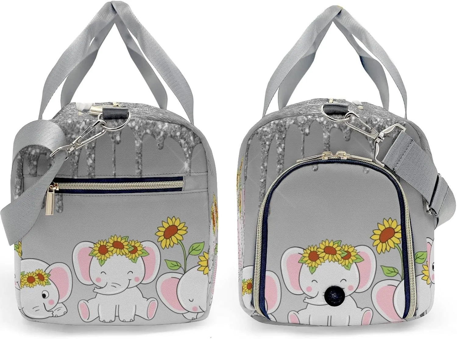 Personalized Gift Duffel Bag Dripping Grey Glitter Elephant Sunflower Travel in Style: Trendy Bags for Sport and Leisure