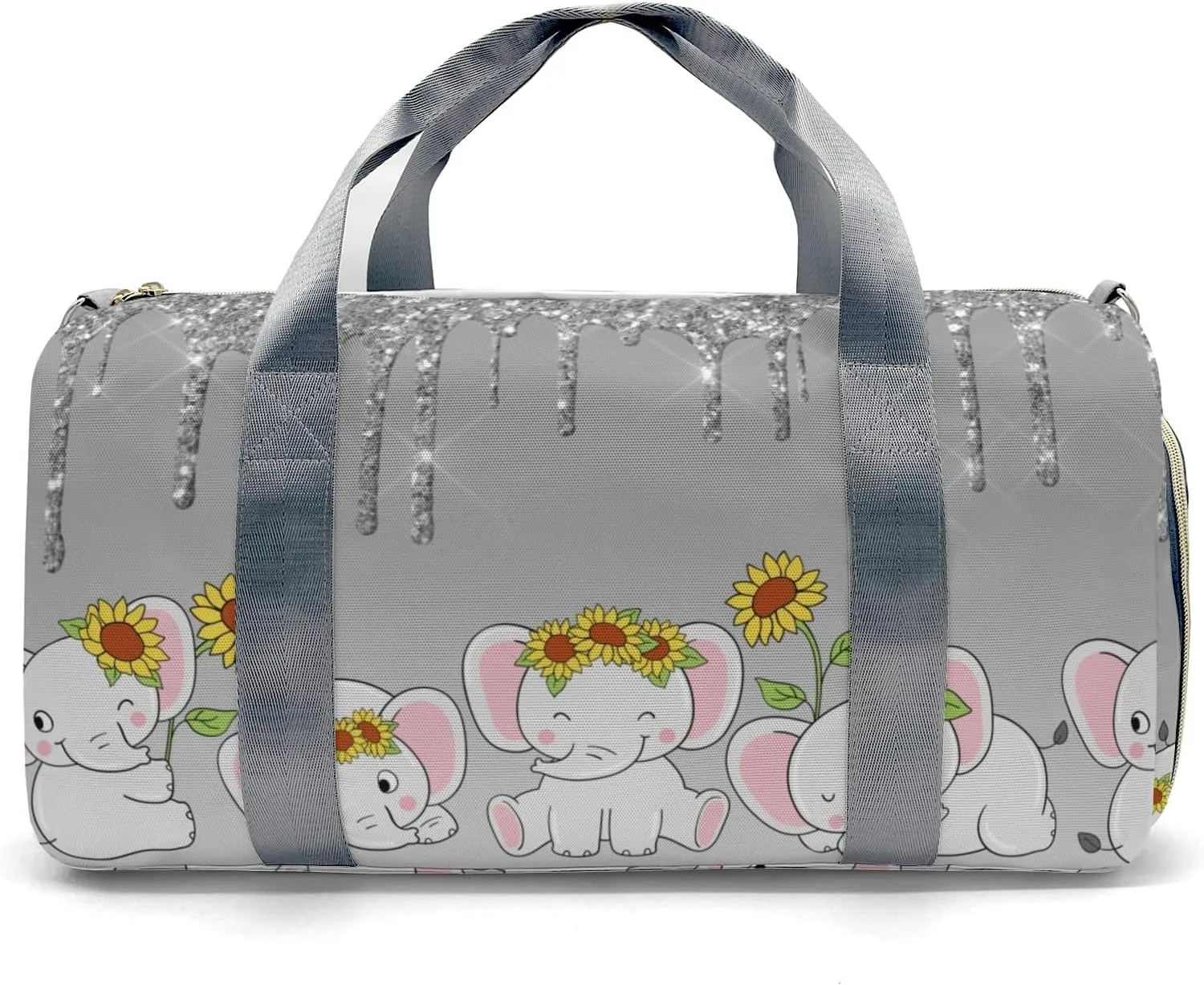 Personalized Gift Duffel Bag Dripping Grey Glitter Elephant Sunflower Travel in Style: Trendy Bags for Sport and Leisure
