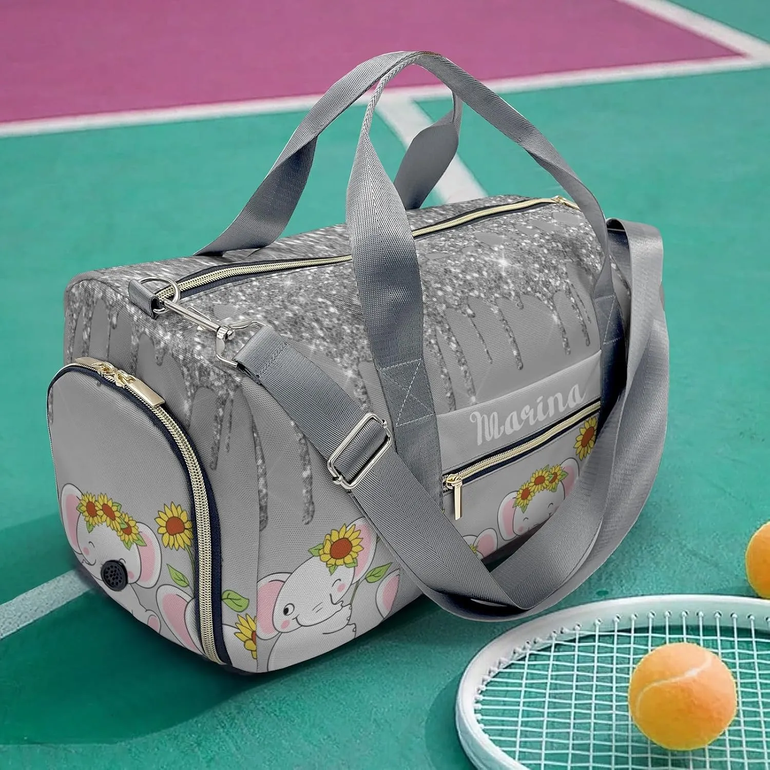 Personalized Gift Duffel Bag Dripping Grey Glitter Elephant Sunflower Travel in Style: Trendy Bags for Sport and Leisure
