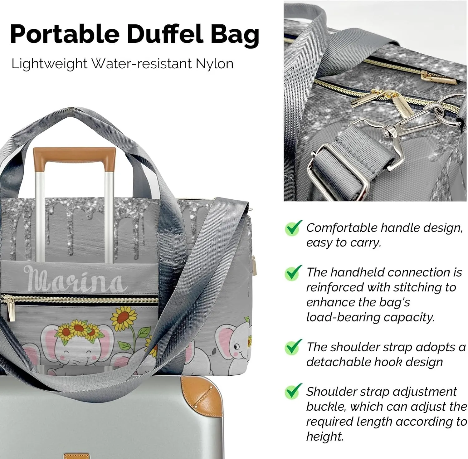 Personalized Gift Duffel Bag Dripping Grey Glitter Elephant Sunflower Travel in Style: Trendy Bags for Sport and Leisure