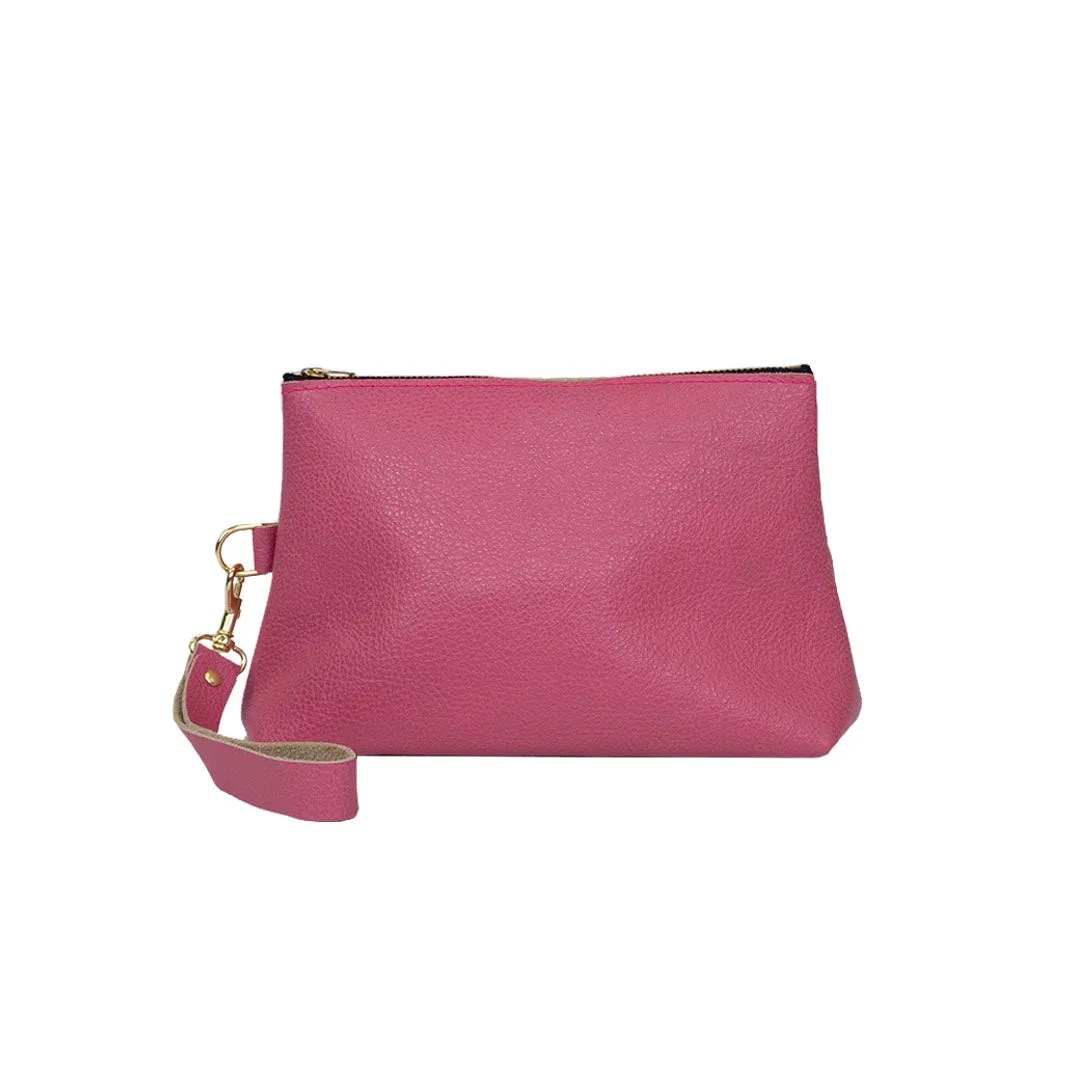 Pink Leather Zippered Wristlet Clutch