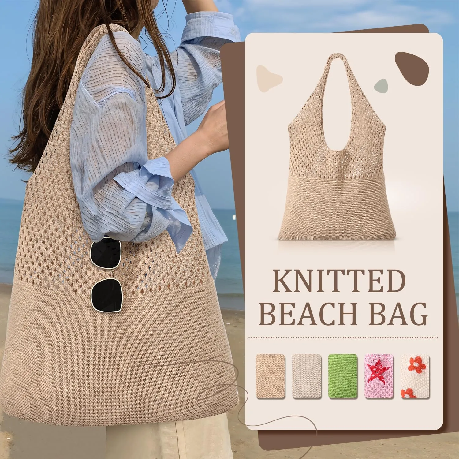 Premillow Crochet Beach Tote Bags, Stylish Mesh Beach Bags Shoulder Bag for Women, Cute Summer Vacation Boho Tote Bag