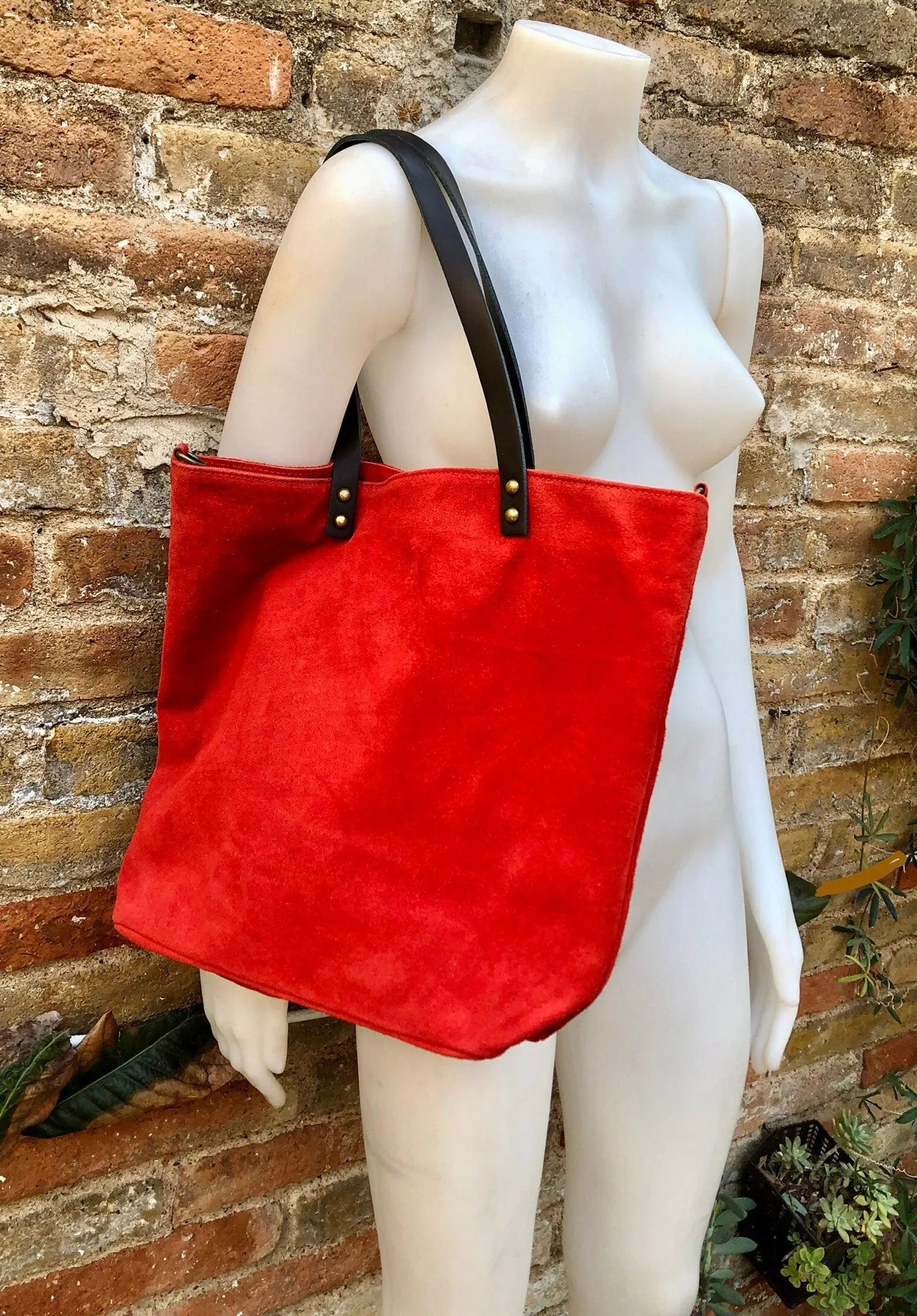 RED Large TOTE leather bag. Soft  suede, genuine leather bag. Red suede bag. Laptop bag in suede. Large cross body bag. RED suede purse