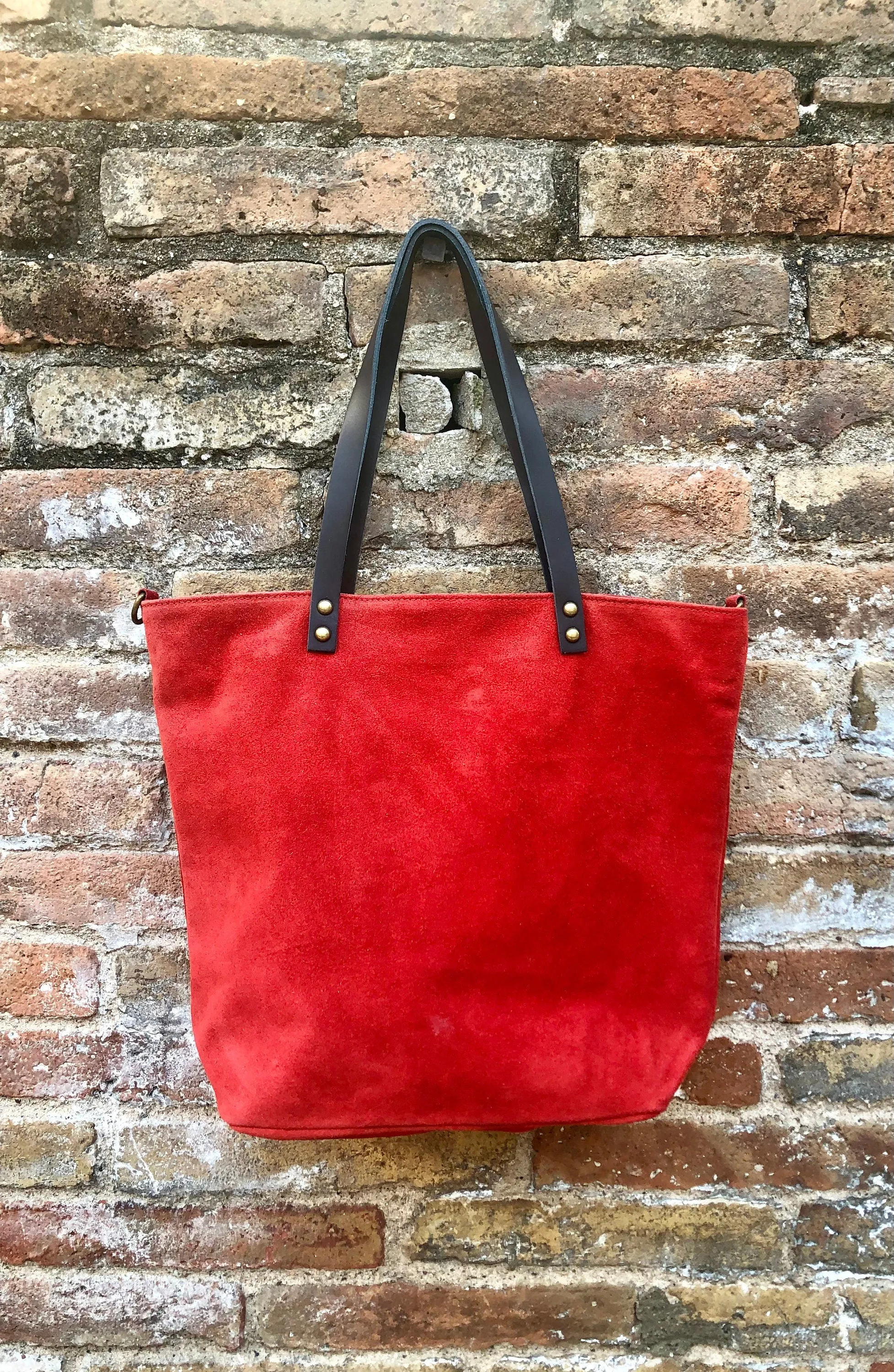 RED Large TOTE leather bag. Soft  suede, genuine leather bag. Red suede bag. Laptop bag in suede. Large cross body bag. RED suede purse