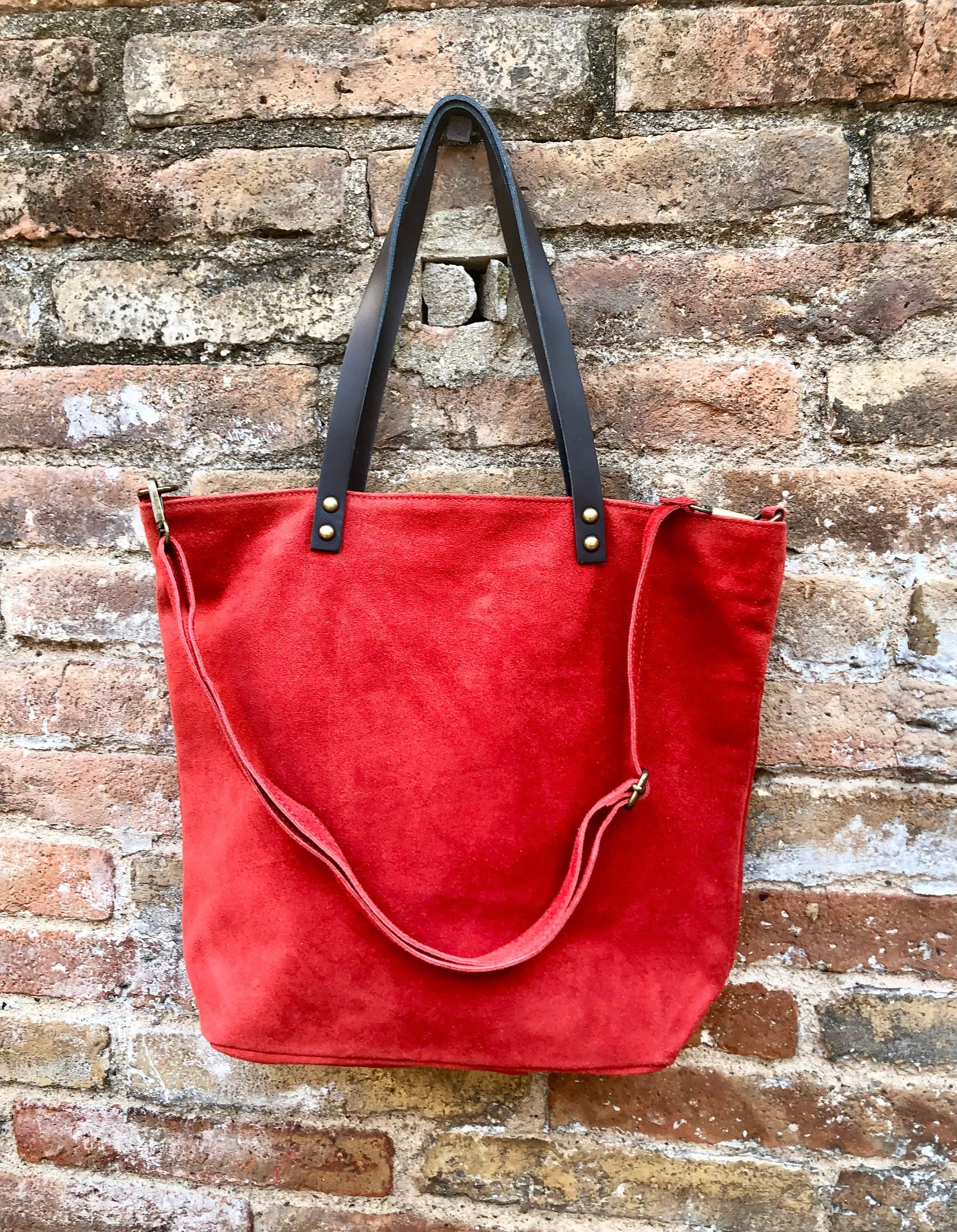 RED Large TOTE leather bag. Soft  suede, genuine leather bag. Red suede bag. Laptop bag in suede. Large cross body bag. RED suede purse