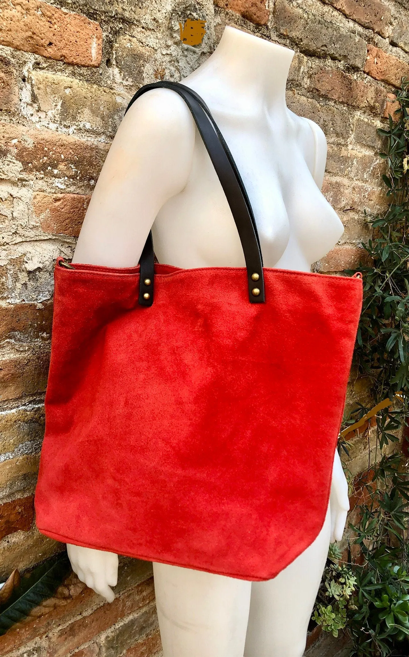 RED Large TOTE leather bag. Soft  suede, genuine leather bag. Red suede bag. Laptop bag in suede. Large cross body bag. RED suede purse