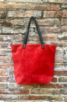 RED Large TOTE leather bag. Soft  suede, genuine leather bag. Red suede bag. Laptop bag in suede. Large cross body bag. RED suede purse