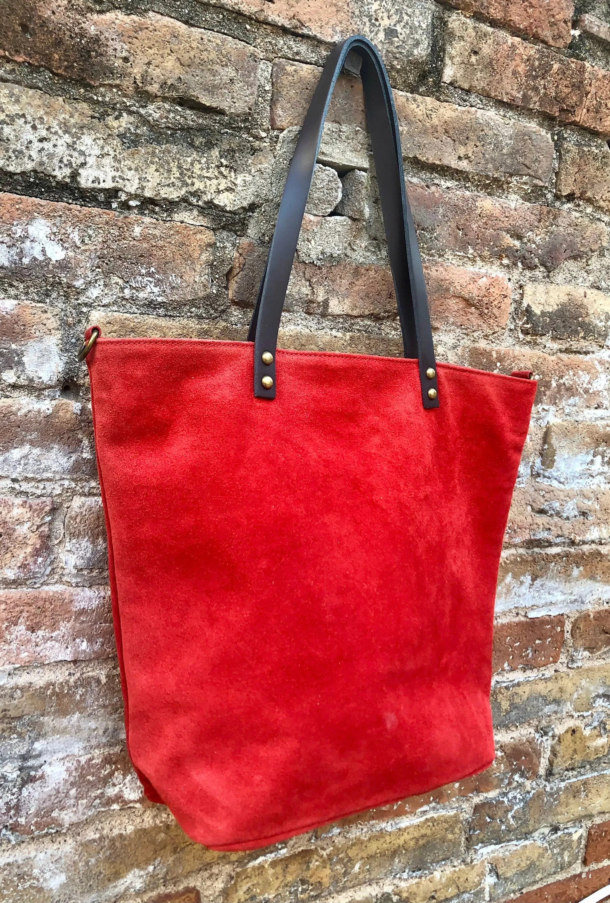 RED Large TOTE leather bag. Soft  suede, genuine leather bag. Red suede bag. Laptop bag in suede. Large cross body bag. RED suede purse