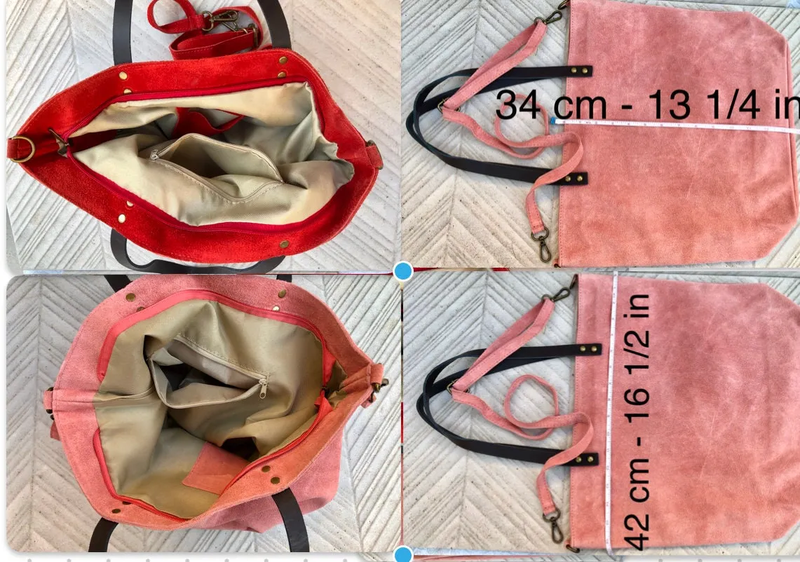 RED Large TOTE leather bag. Soft  suede, genuine leather bag. Red suede bag. Laptop bag in suede. Large cross body bag. RED suede purse