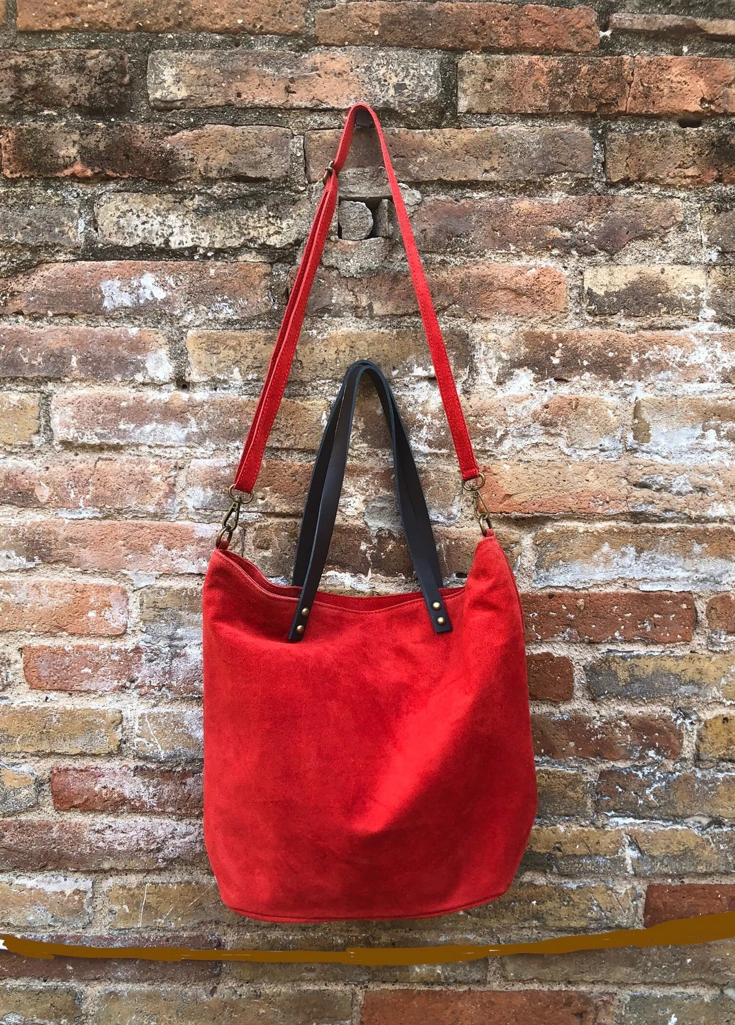 RED Large TOTE leather bag. Soft  suede, genuine leather bag. Red suede bag. Laptop bag in suede. Large cross body bag. RED suede purse