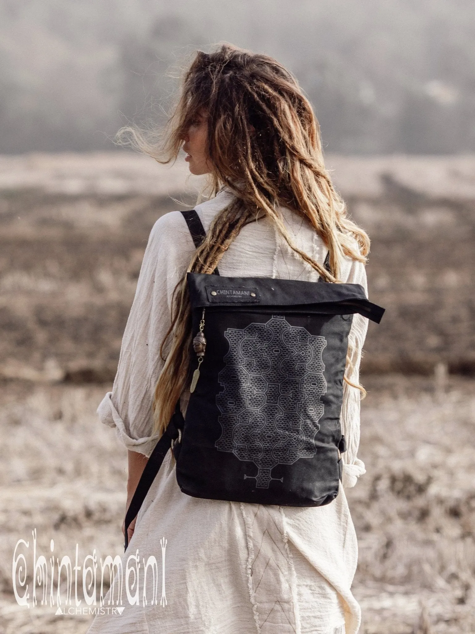 Rolltop Flat Laptop Backpack of Cotton Canvas with Shipibo Print / Black