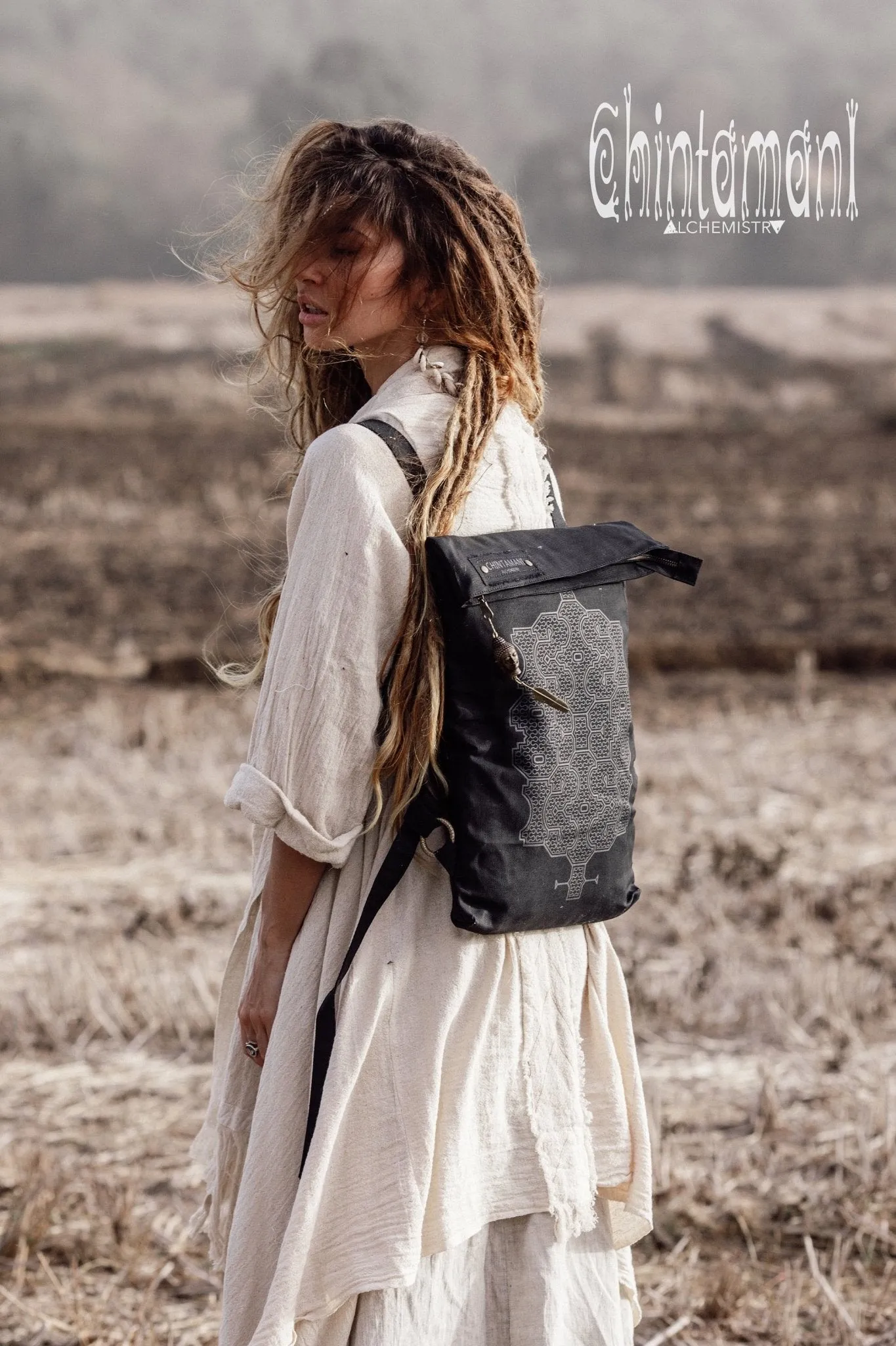 Rolltop Flat Laptop Backpack of Cotton Canvas with Shipibo Print / Black