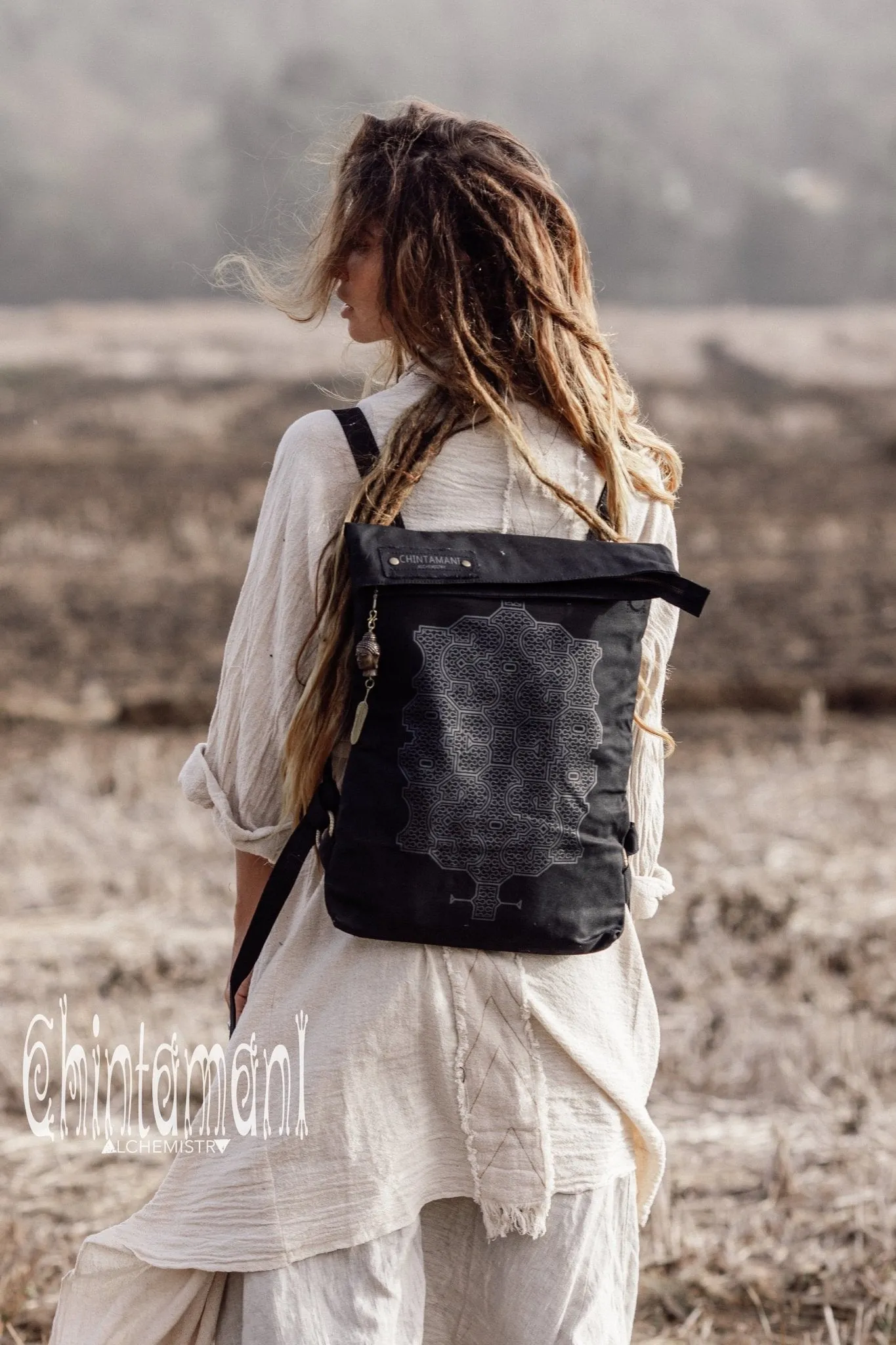 Rolltop Flat Laptop Backpack of Cotton Canvas with Shipibo Print / Black