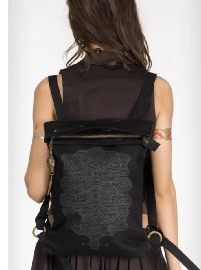 Rolltop Flat Laptop Backpack of Cotton Canvas with Shipibo Print / Black