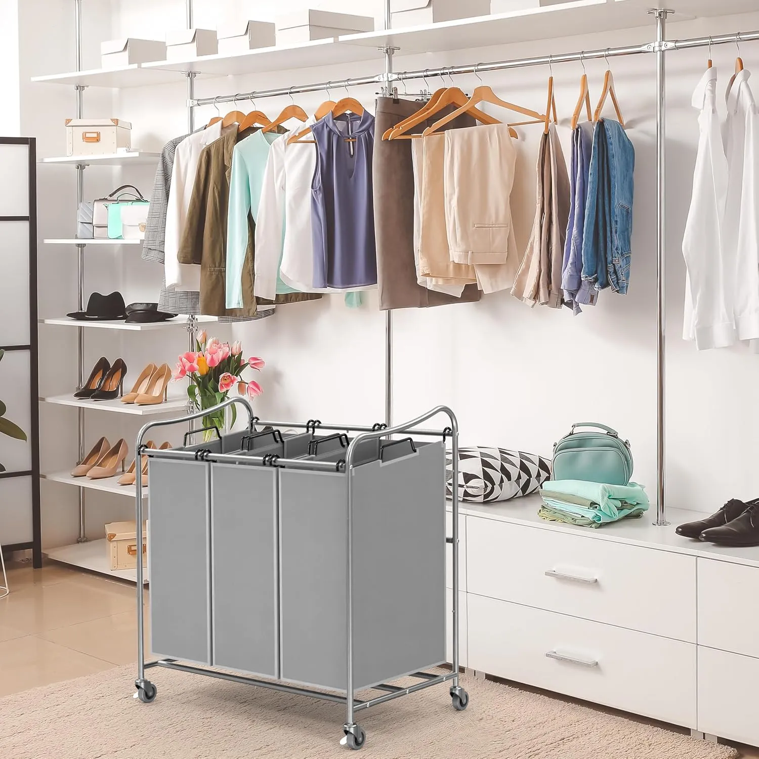 Simple Houseware Heavy-Duty 3-Bag Laundry Sorter Cart, Silver