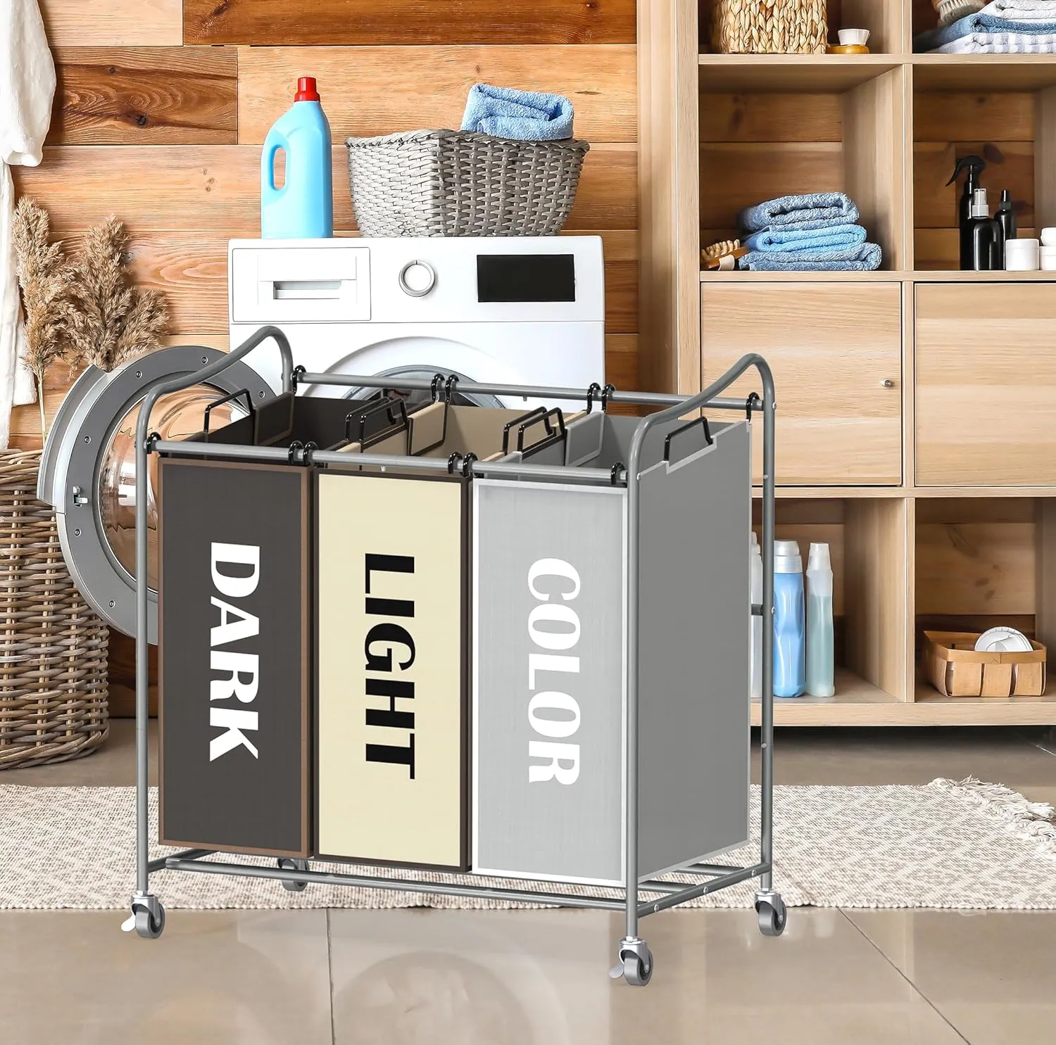 Simple Houseware Heavy Duty 3-Bag Laundry Sorter Rolling Cart, Silver/Assorted  Durable Triple Laundry Hamper with Removable Bags and Lockable Wheels for Laundry Room Organization