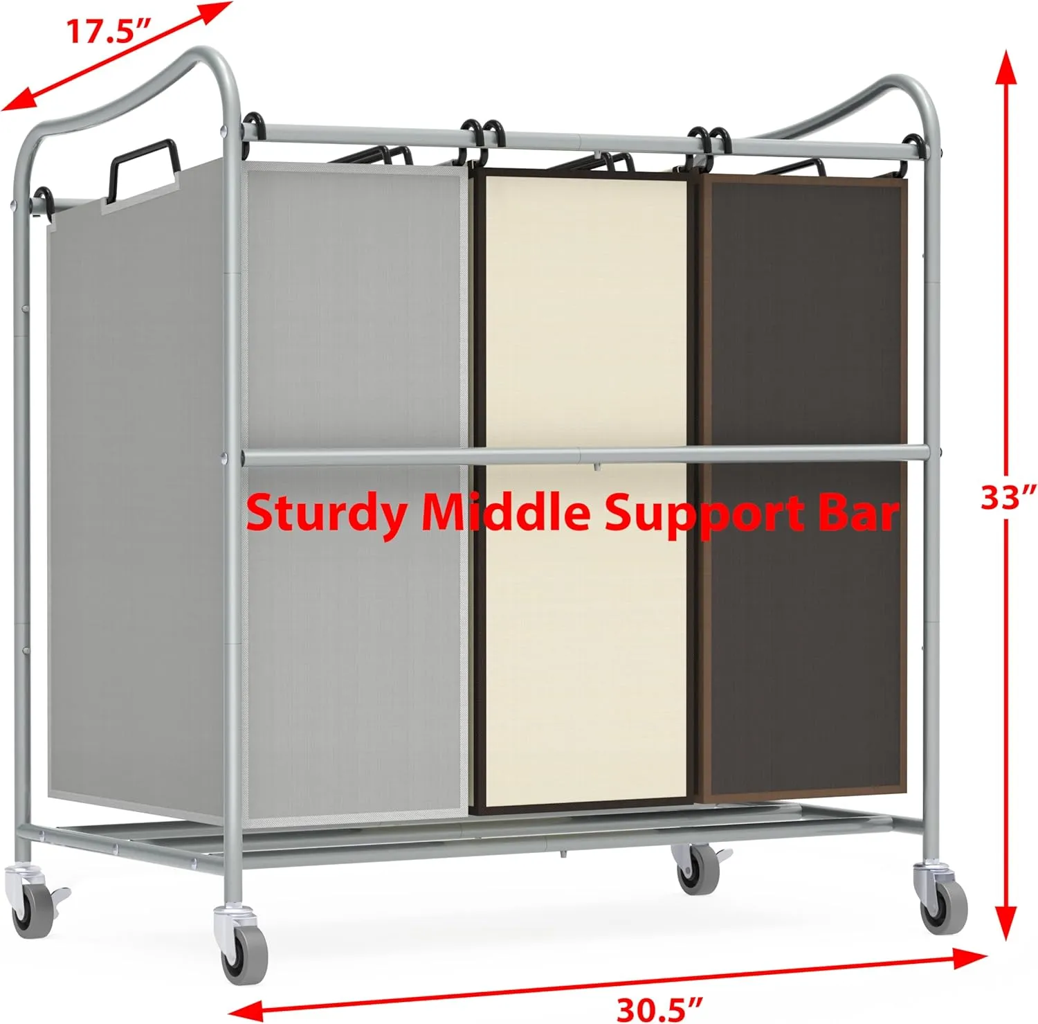 Simple Houseware Heavy Duty 3-Bag Laundry Sorter Rolling Cart, Silver/Assorted  Durable Triple Laundry Hamper with Removable Bags and Lockable Wheels for Laundry Room Organization