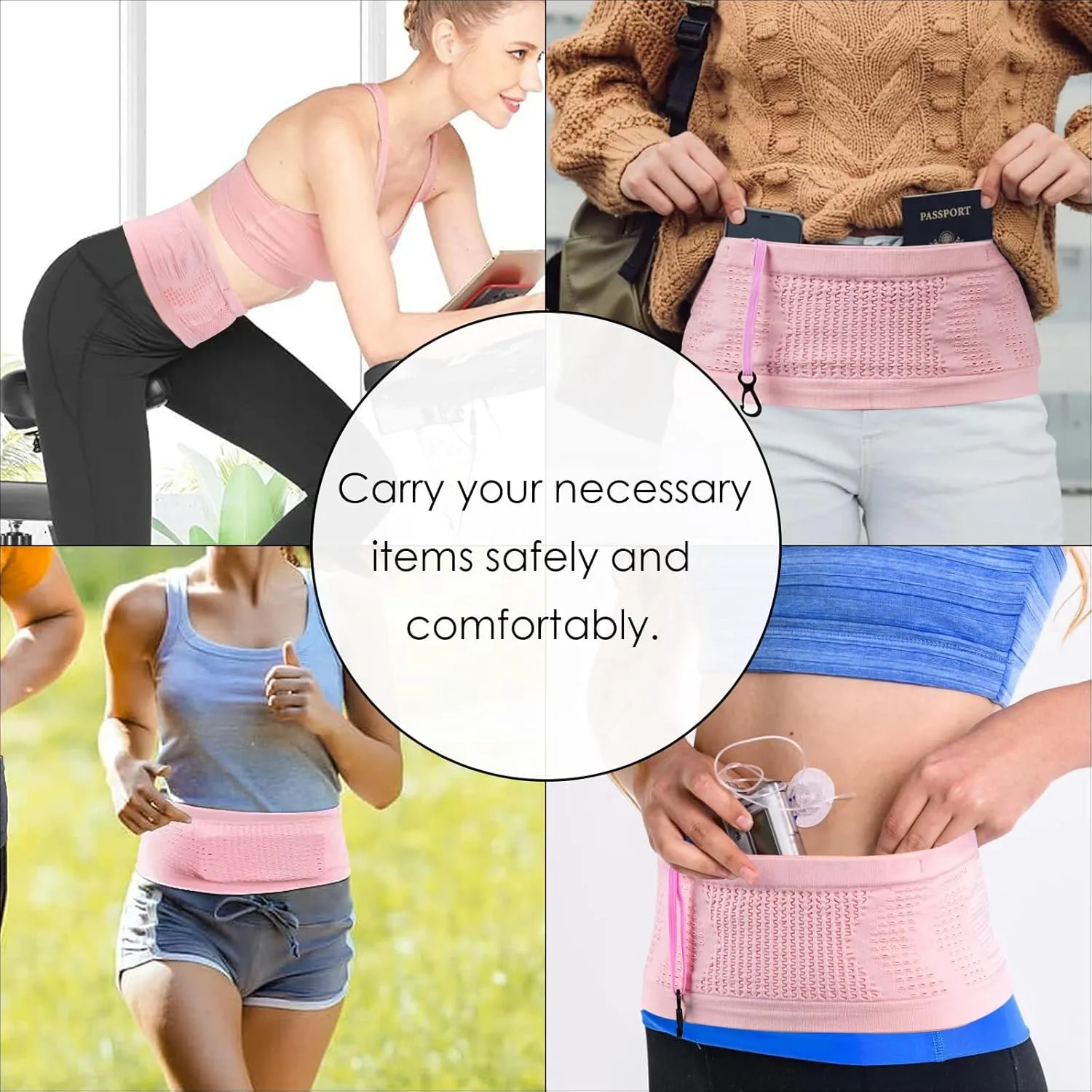 Slim Running Belt, Hidden Running Belt Fanny Pack for Men Women, Travel Running Waist Belt for Money and Passport (Pink, Large)