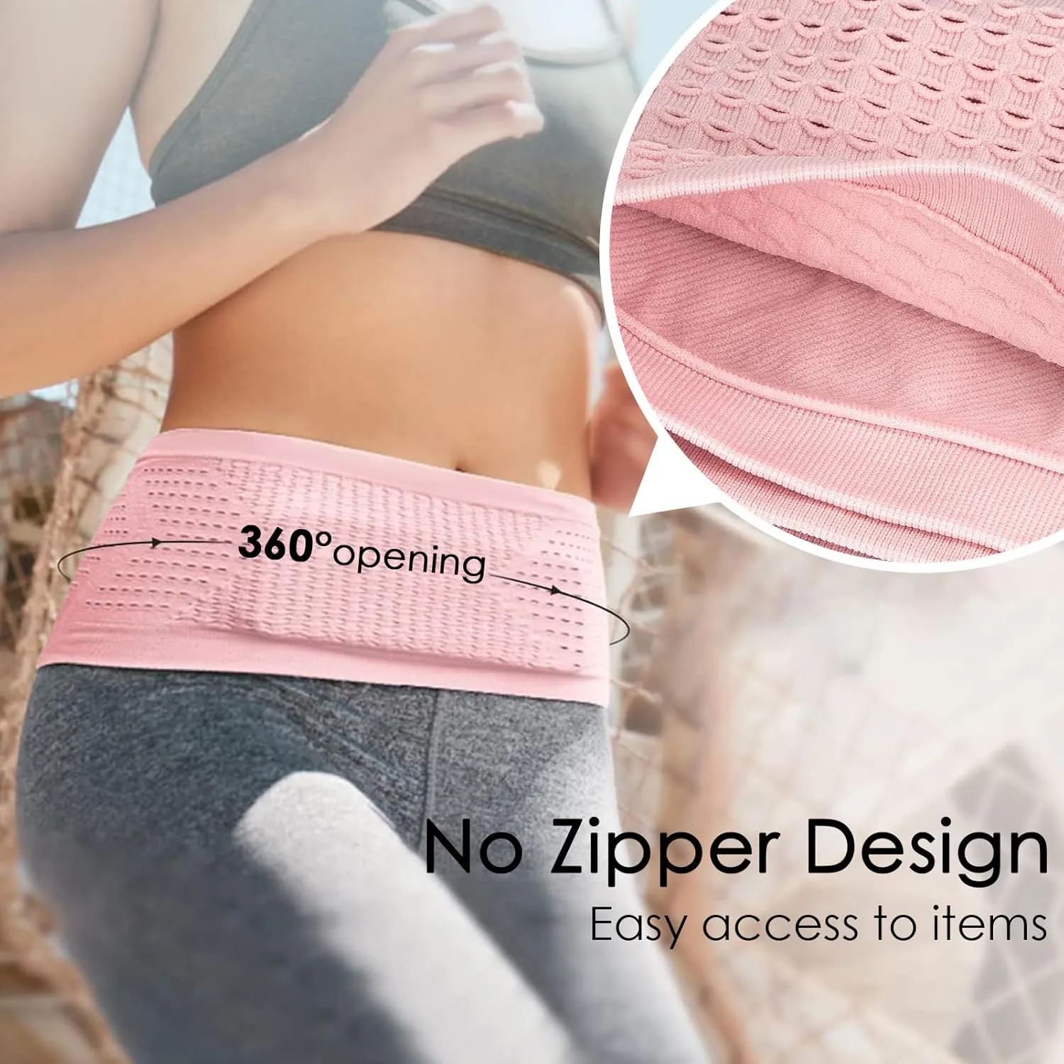 Slim Running Belt, Hidden Running Belt Fanny Pack for Men Women, Travel Running Waist Belt for Money and Passport (Pink, Large)