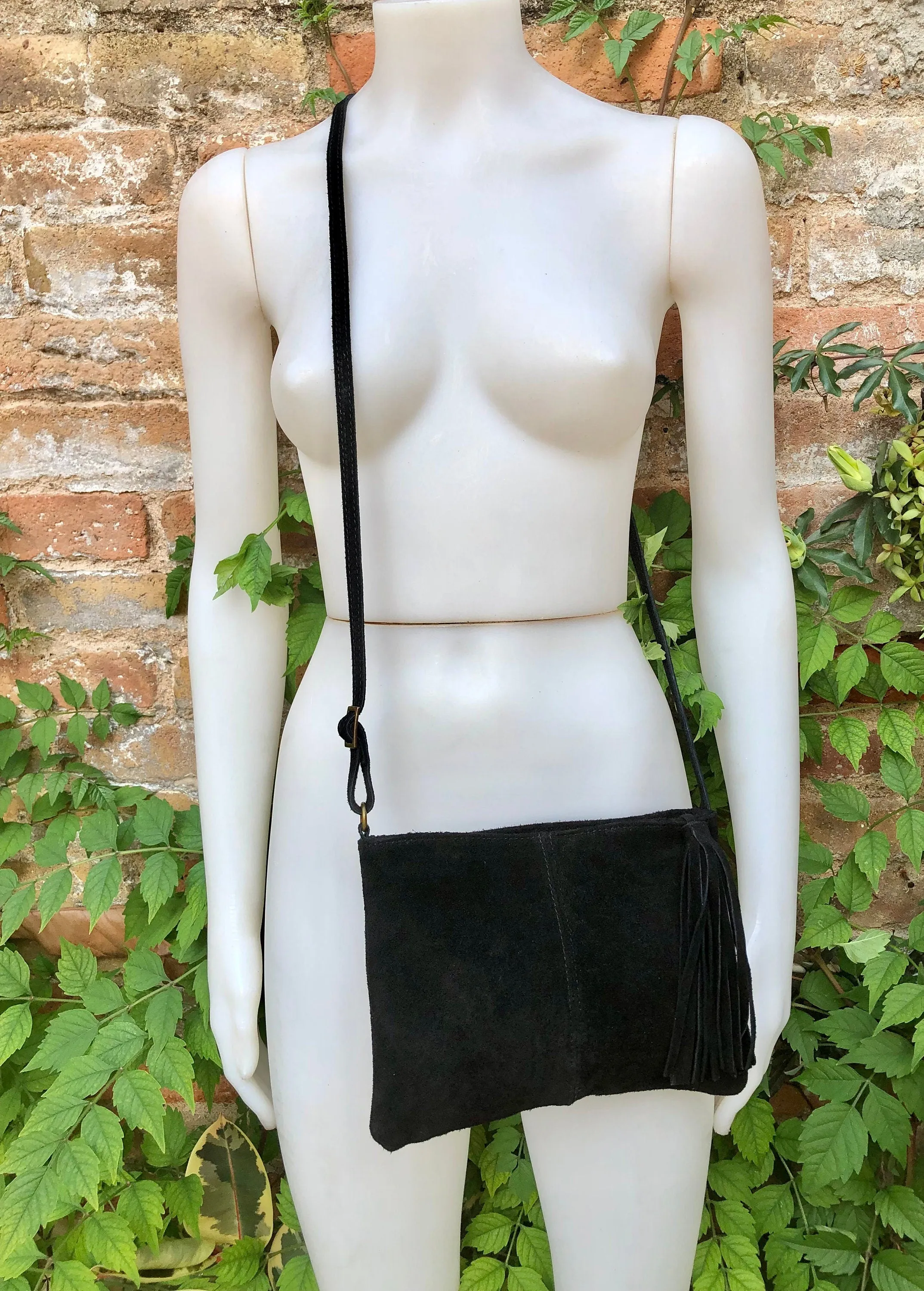 Suede leather bag in BLACK.Cross body bag, boho shoulder bag in GENUINE  leather. Small leather bag, BLACK shoulder bag, small black purse.