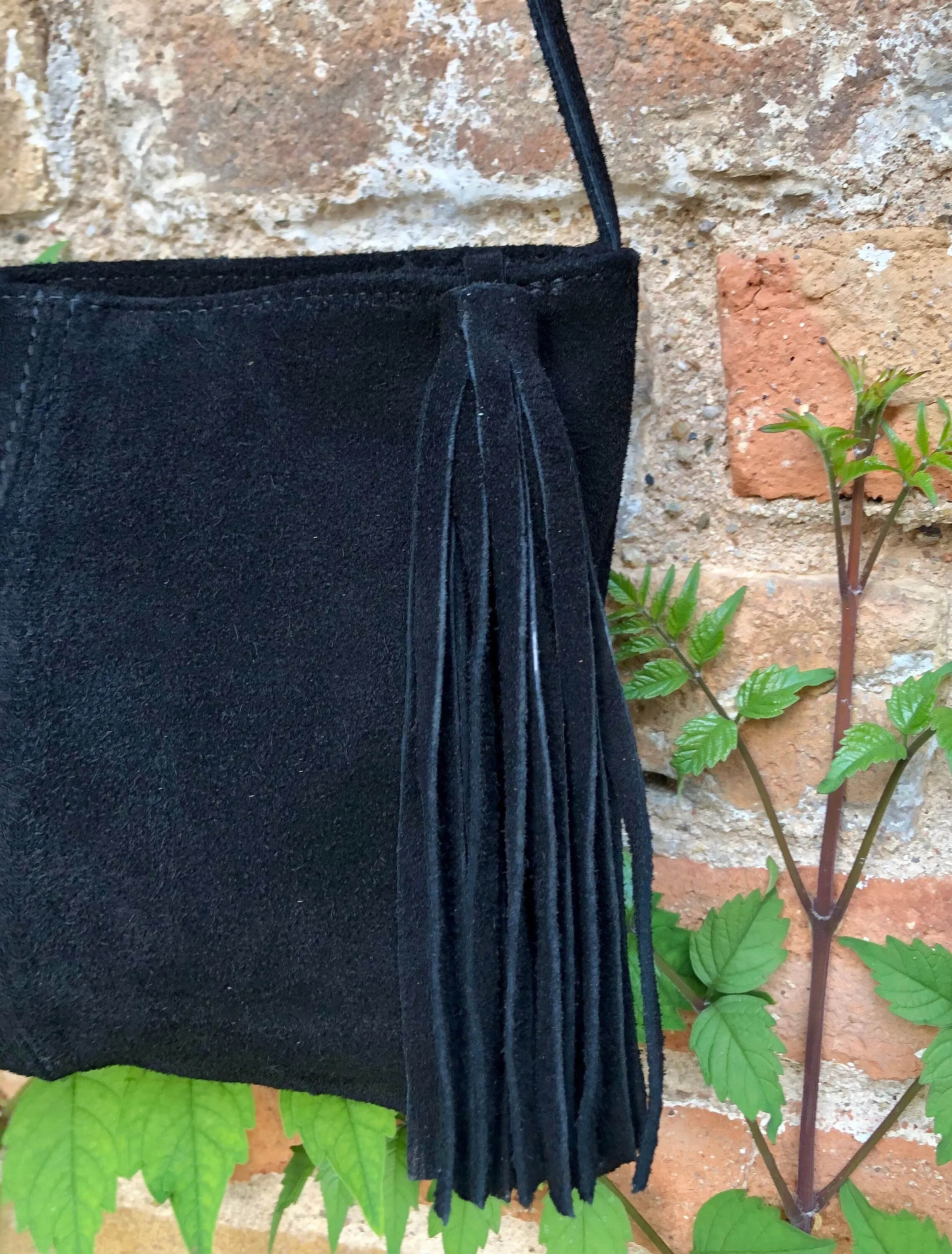 Suede leather bag in BLACK.Cross body bag, boho shoulder bag in GENUINE  leather. Small leather bag, BLACK shoulder bag, small black purse.