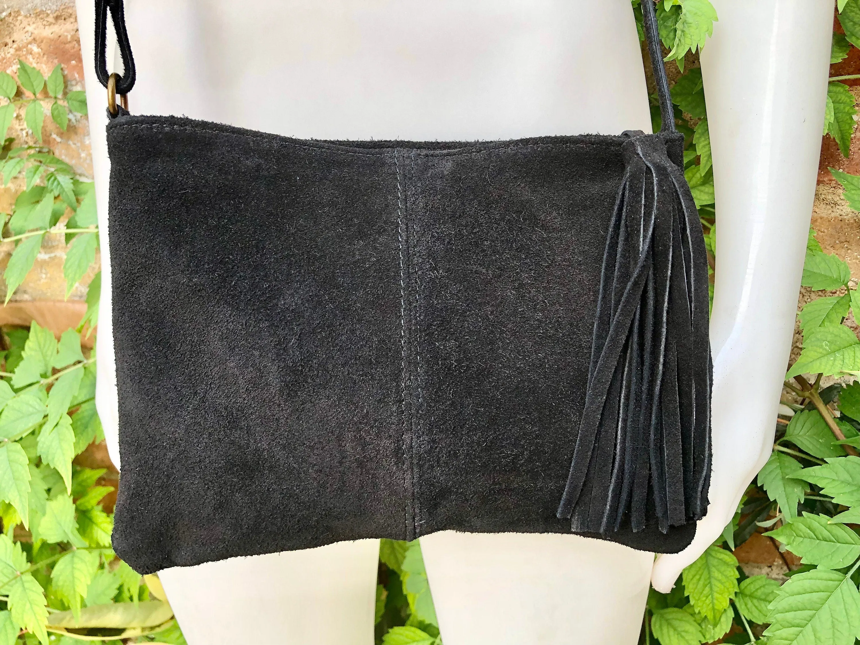 Suede leather bag in BLACK.Cross body bag, boho shoulder bag in GENUINE  leather. Small leather bag, BLACK shoulder bag, small black purse.