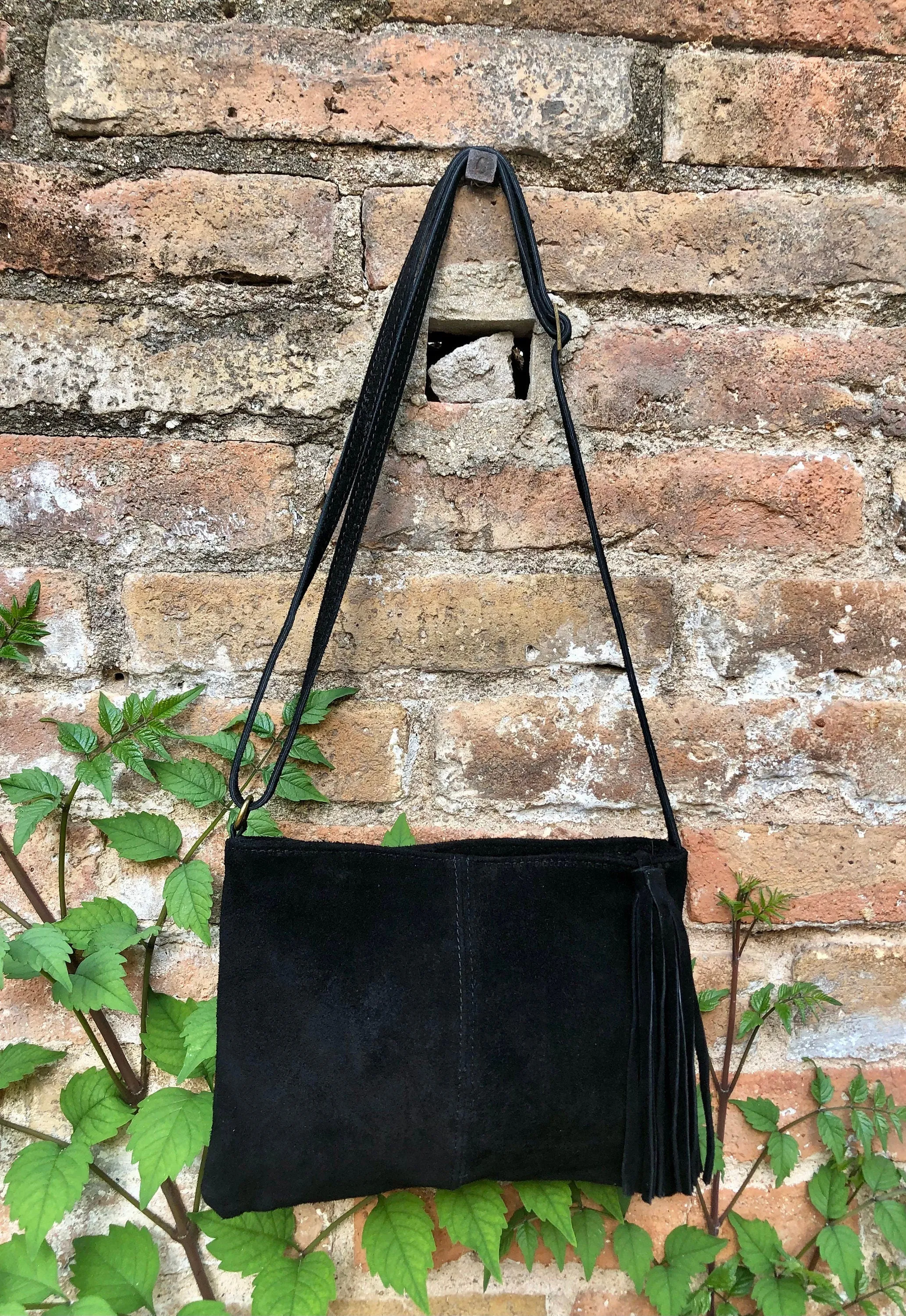 Suede leather bag in BLACK.Cross body bag, boho shoulder bag in GENUINE  leather. Small leather bag, BLACK shoulder bag, small black purse.