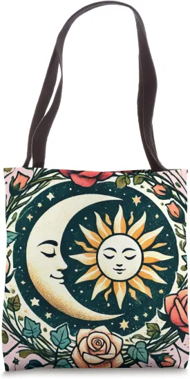 Sun and Moon Illustration Roses and Ivy Tote Bag