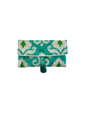 Teal and Green Damask Velvet Clutch with Removable Chain