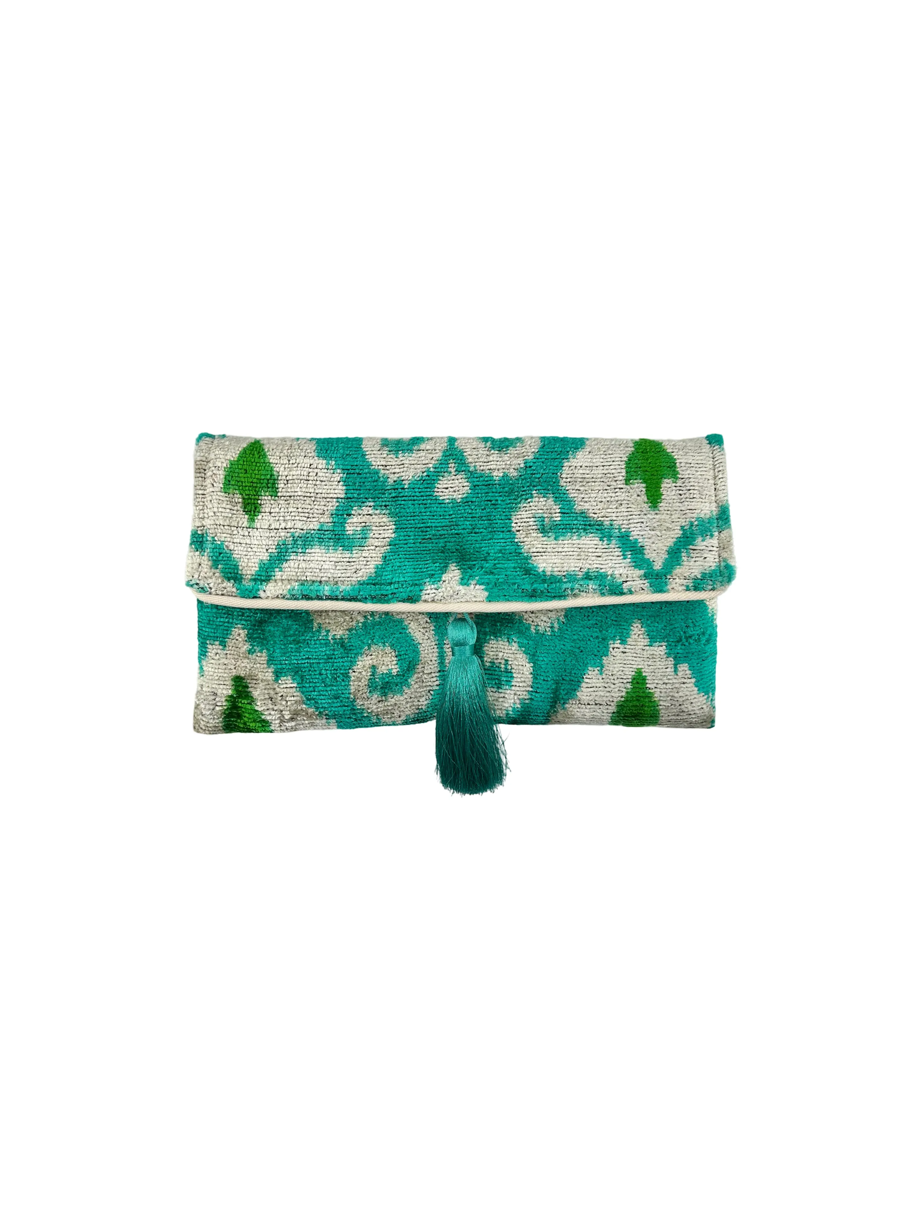 Teal and Green Damask Velvet Clutch with Removable Chain
