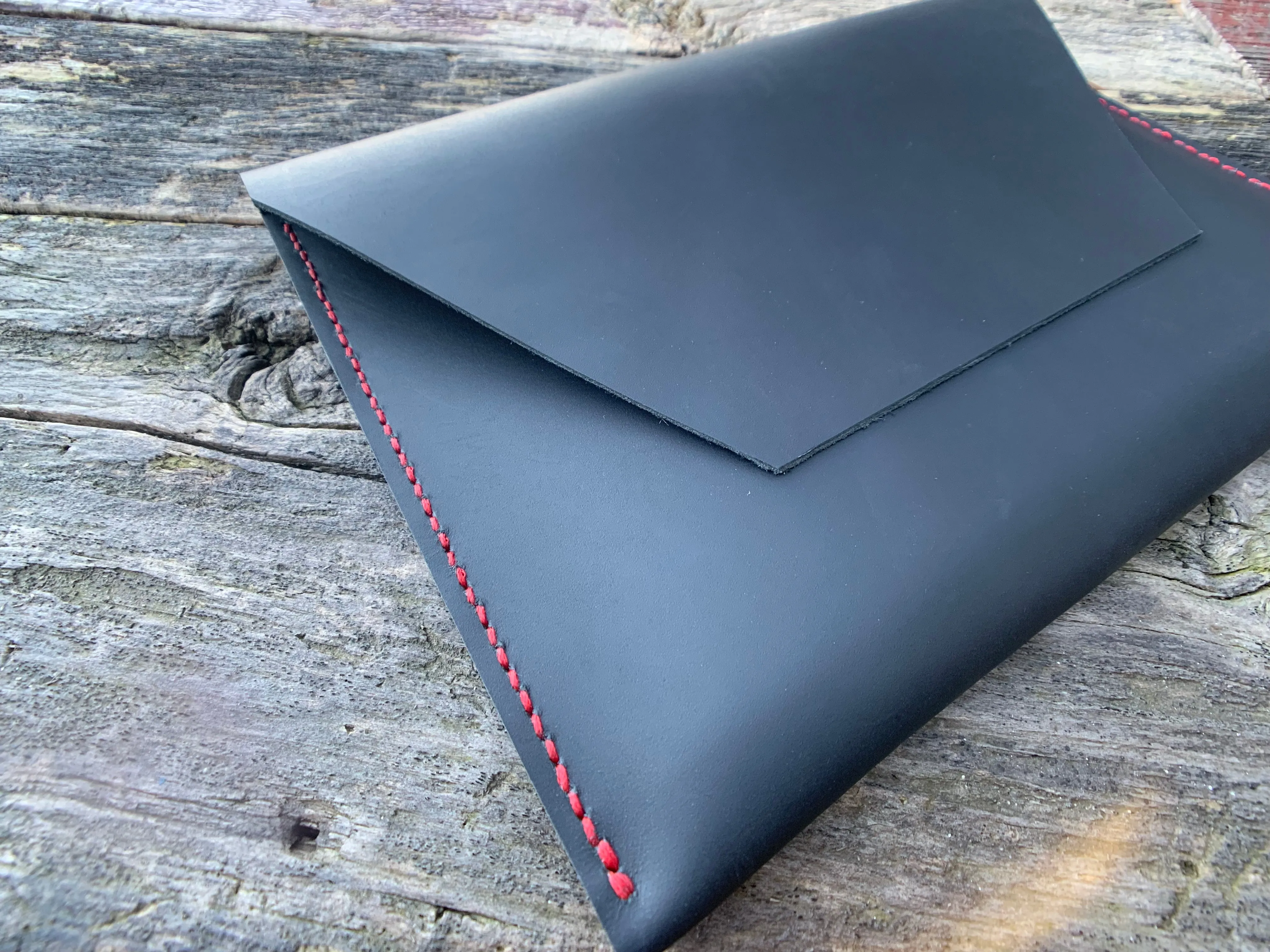“The Carl” in Midnight Black Oil Tanned Leather with Red Stitching