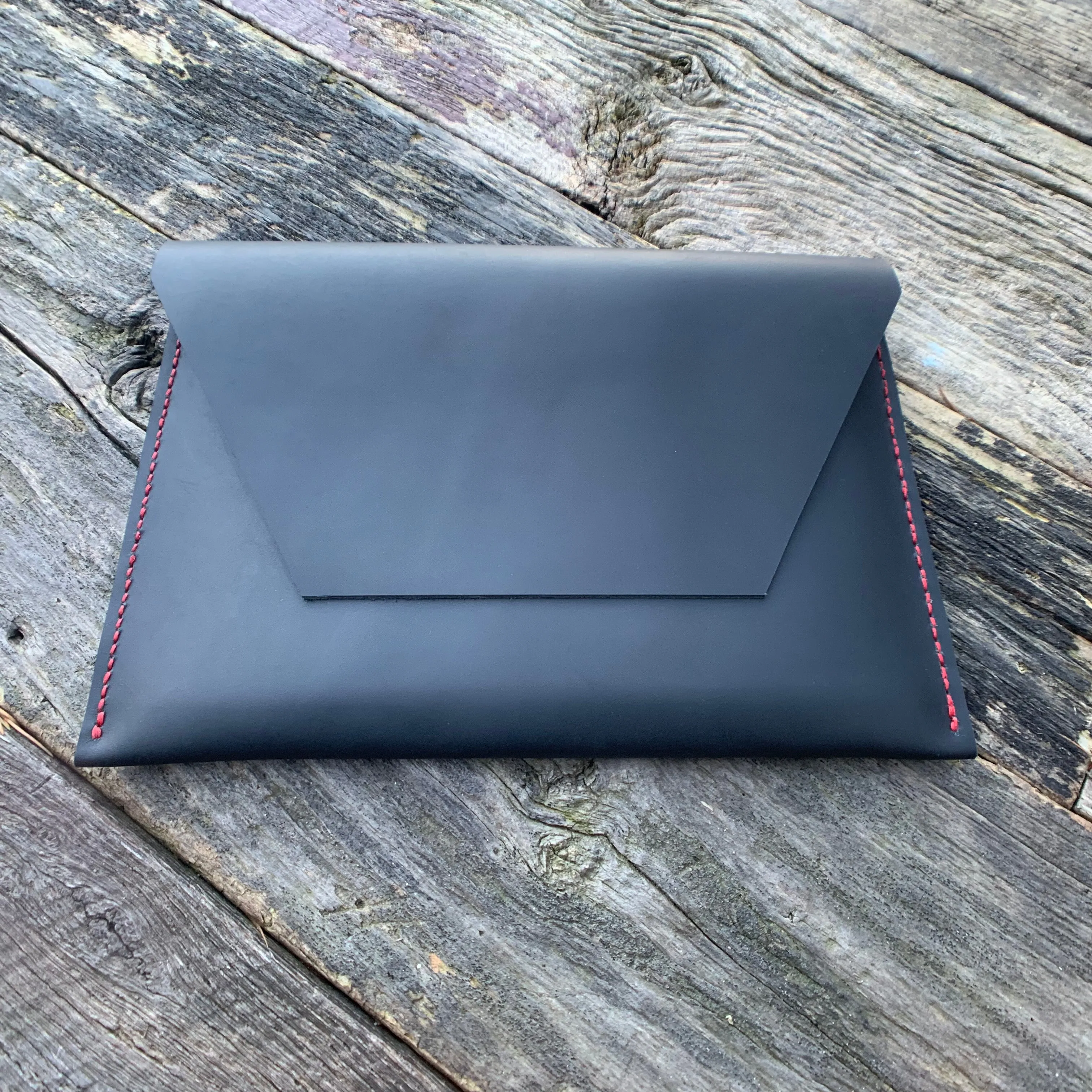 “The Carl” in Midnight Black Oil Tanned Leather with Red Stitching