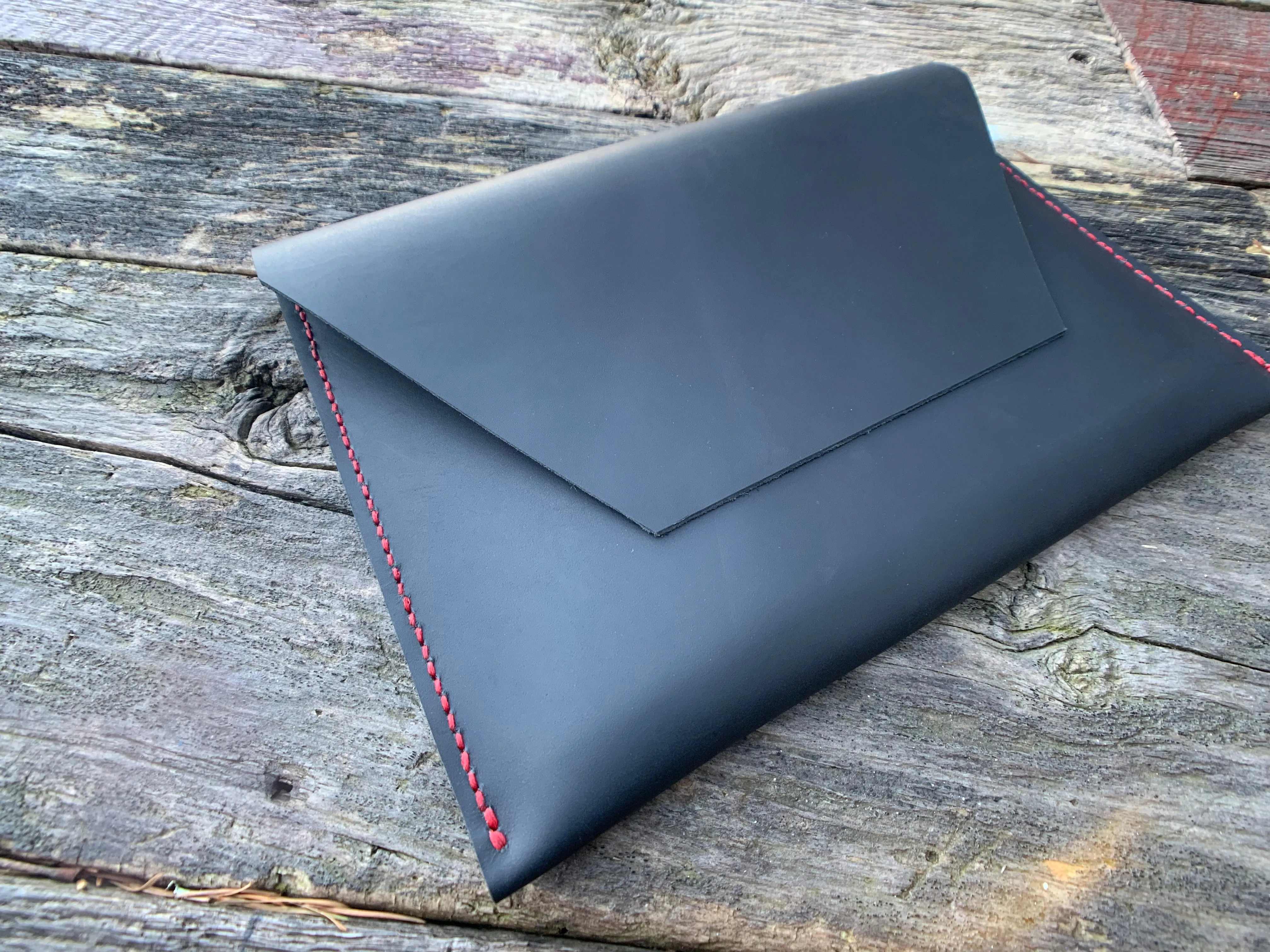 “The Carl” in Midnight Black Oil Tanned Leather with Red Stitching