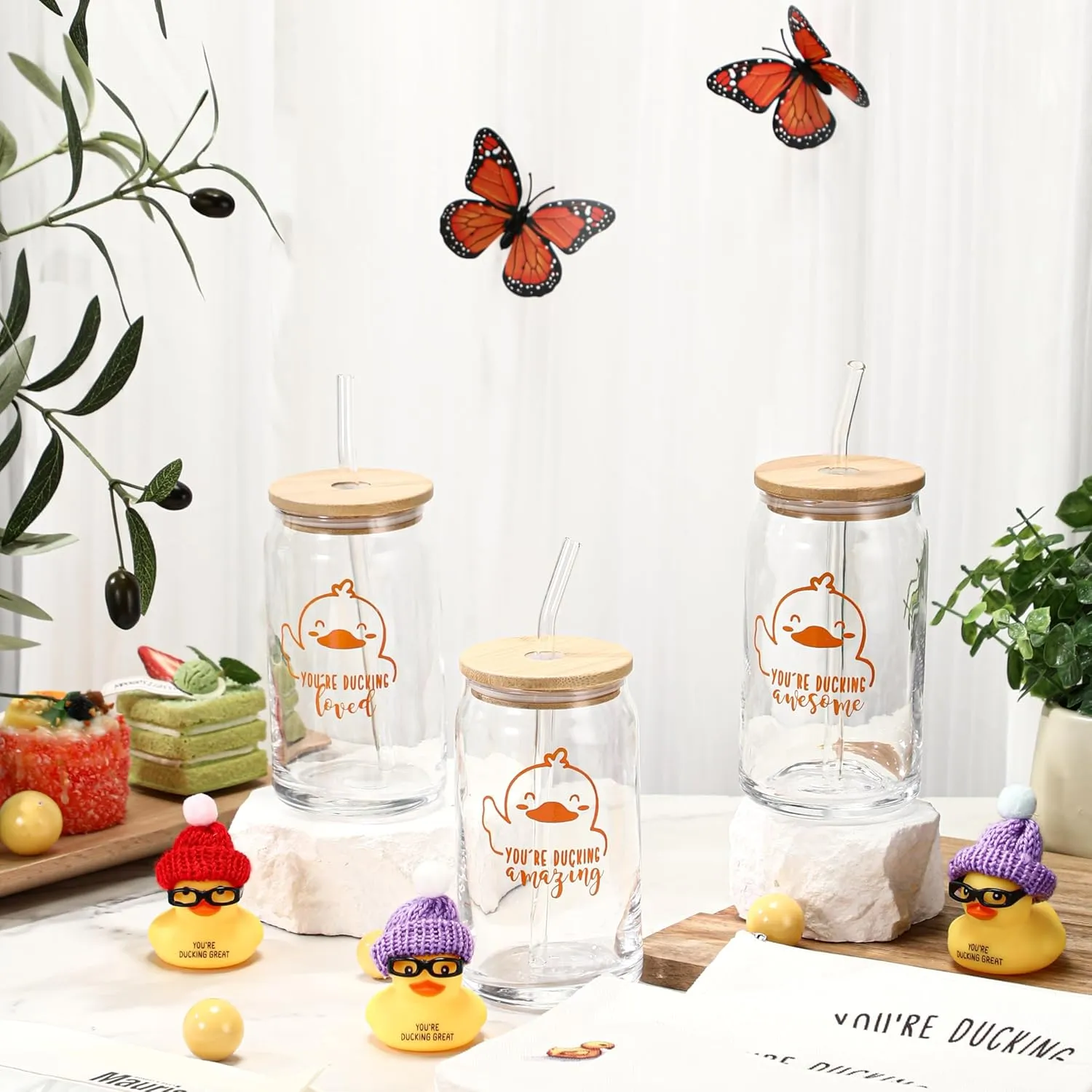 Tioncy Duck Theme Inspirational Gift Employee Duck Lovers Thank You Gifts Glass Coffee Tumbler with Lid and Straw Canvas Makeup Bag for Staff Teacher Employee Gifts(9 Pcs,Stylish)