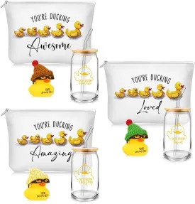 Tioncy Duck Theme Inspirational Gift Employee Duck Lovers Thank You Gifts Glass Coffee Tumbler with Lid and Straw Canvas Makeup Bag for Staff Teacher Employee Gifts(9 Pcs,Stylish)