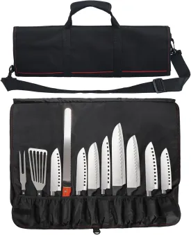 Tosnail Chef Knife Case Roll Bag with 21 Slots & 1 Large Zipper Pocket, Easy Carry Handle and Shoulder Strap - Black