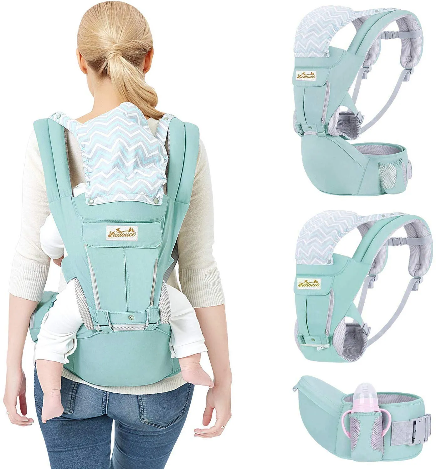 Viedouce Baby Carrier Ergonomic with Hip Seat/Pure Cotton Lightweight and Breathable/Multiposition:Dorsal, Ventral, Adjustable for Newborn and Toddler 3 to 48 Month