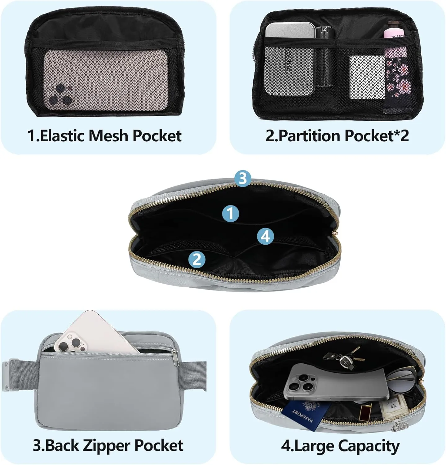 Waist Belt Bag Fashion Fanny Women and Men Gift Waist Pack With Adjustable Strap For Travel Running Hiking Walking Light Grey
