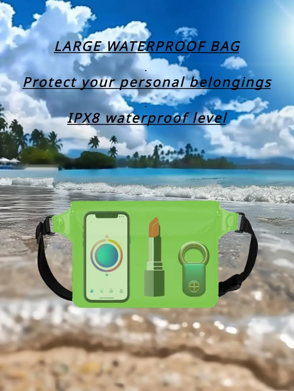 Waterproof Bag with Adjustable Waistband and Touch Sensitive Screen, Keeping Your Phone and Valuables Dry, Perfect for Drifting, Swimming, Kayaking, Rowing, Fishing (Green)