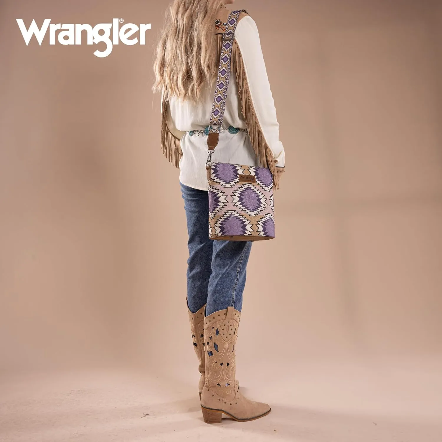 Wrangler Aztec Crossbody Bag for Women Southwestern Print Canvas Shoulder Purse with Distressed Look and Adjustable Strap