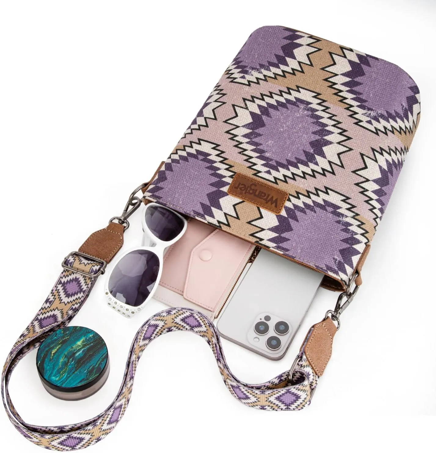 Wrangler Aztec Crossbody Bag for Women Southwestern Print Canvas Shoulder Purse with Distressed Look and Adjustable Strap